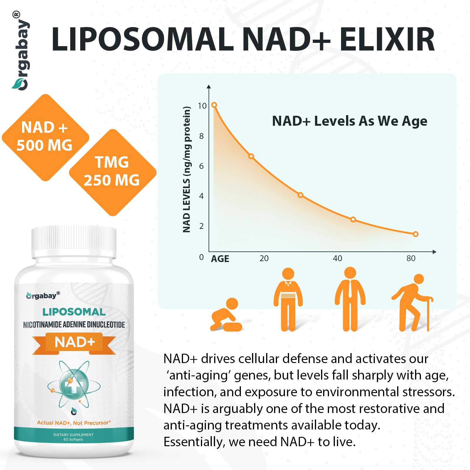 Orgabay Liposomal NAD+ Supplement 500 mg, High Absorption, Boost NAD+ with TMG 250 mg, Actual NAD Plus More Efficient Than Nicotinamide Riboside, Support Cellular Energy, Healthy Aging | 180 Softgels Orgabay buy supplements canada