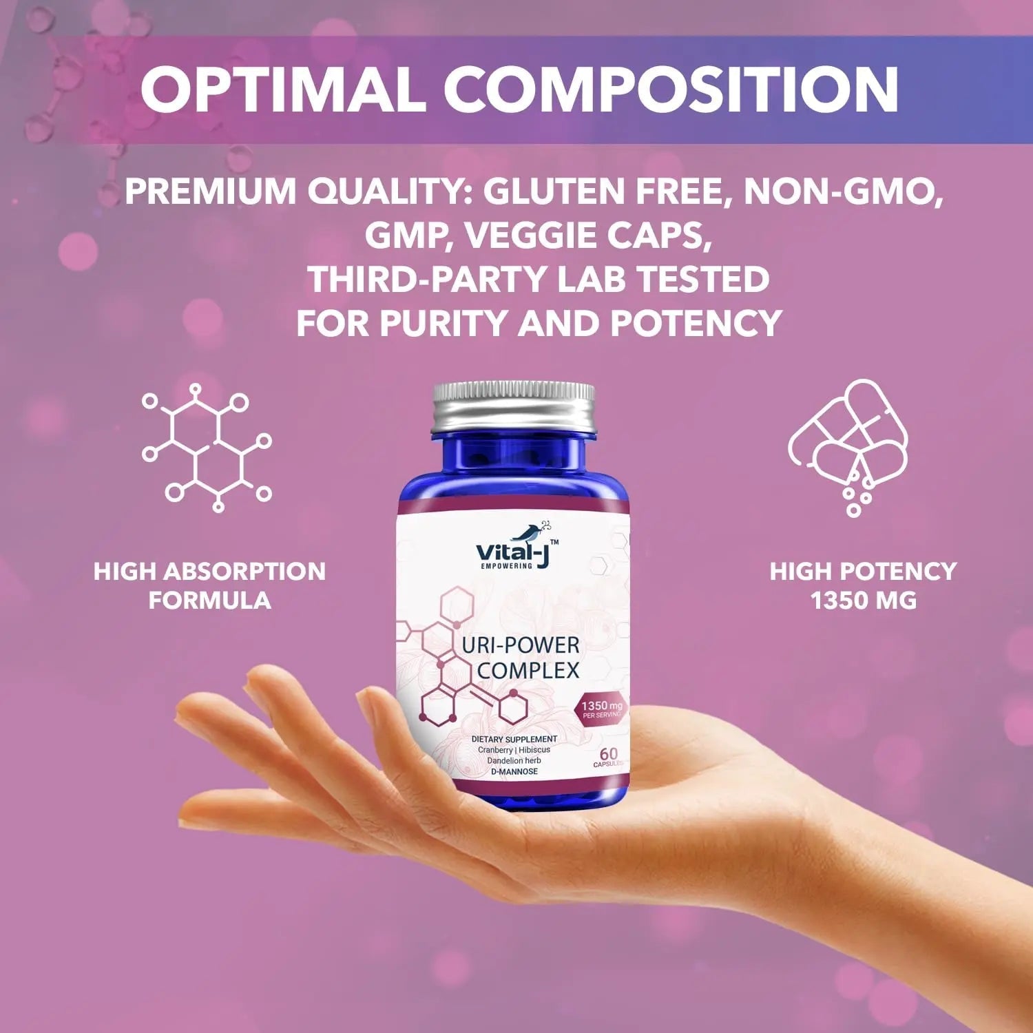 4-IN-1 URI POWER COMPLEX 1350mg - D Mannose, Cranberry, Hibiscus, and Dandelion Herb - Naturally Cleanse the Bladder and Urinary Tract 60 capsules – Specialized Approach for UTI Avoidance Vital-J Empowering buy supplements canada