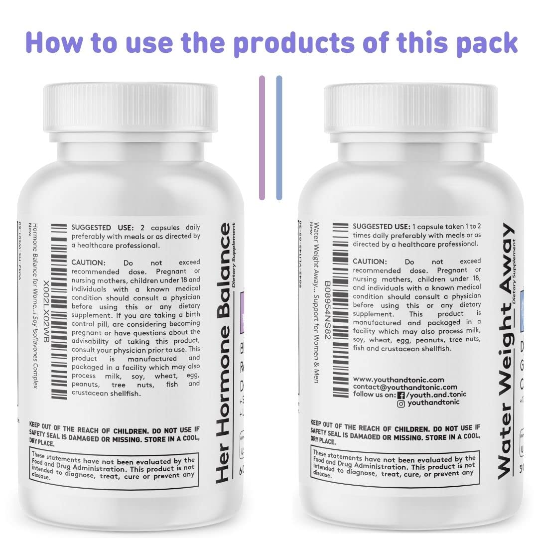 Youth & Tonic PMS & Menopause Bloating Relief Duo – Support for Puffiness, Hormonal Balance & Fluid Retention – Her Hormone Balance + Water Weight Away Natural Herbs for Women, 90 Capsules Youth & Tonic buy supplements canada