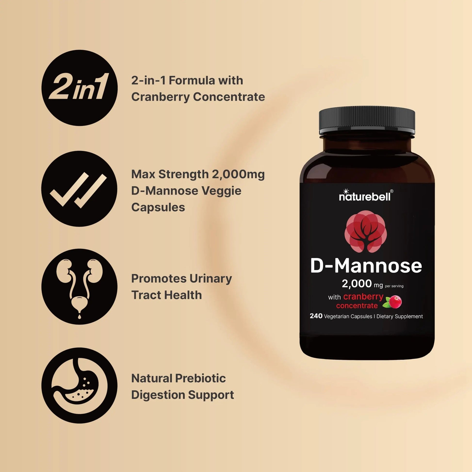 NatureBell D-Mannose 500mg Capsules (2,000mg Per Serving) | 240 Veggie Capsules + Cranberry Concentrate 40mg – Fast Acting Urinary Tract Health Pills – Ultra UTI Support for Women & Men NatureBell buy supplements canada