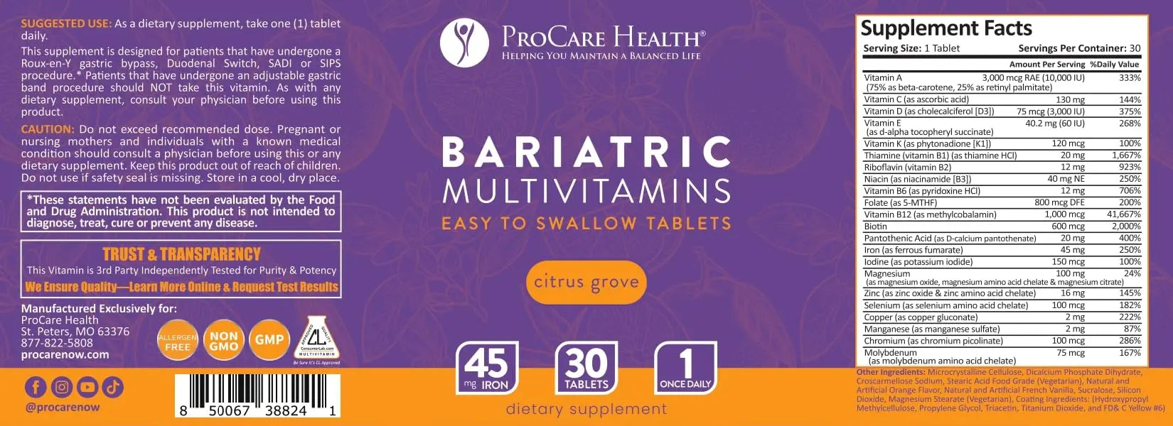 Procare Health Bariatric Multivitamin with Iron 45mg Easy to Swallow 30 Tablets - Post Op Bariatric Vitamins for Gastric Bypass Pills ProCare Health buy supplements canada
