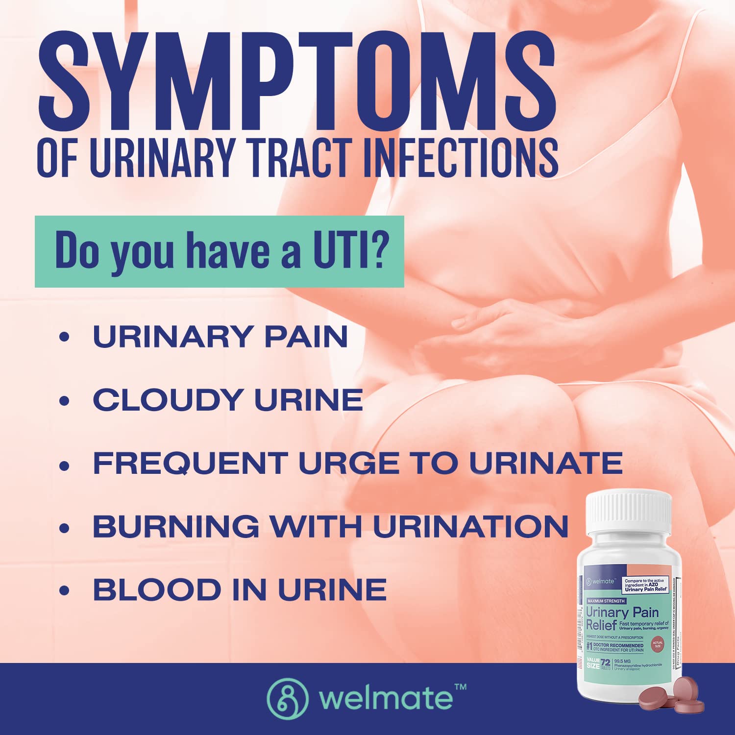 WELMATE Urinary Pain UTI Relief Maximum Strength (Phenazopyridine HCL) - Improve Urinary Tract Health & Bladder Control, Urgency, & Discomfort | Over-The-Counter Medication for Men & Women (72 Pills) WELMATE buy supplements canada
