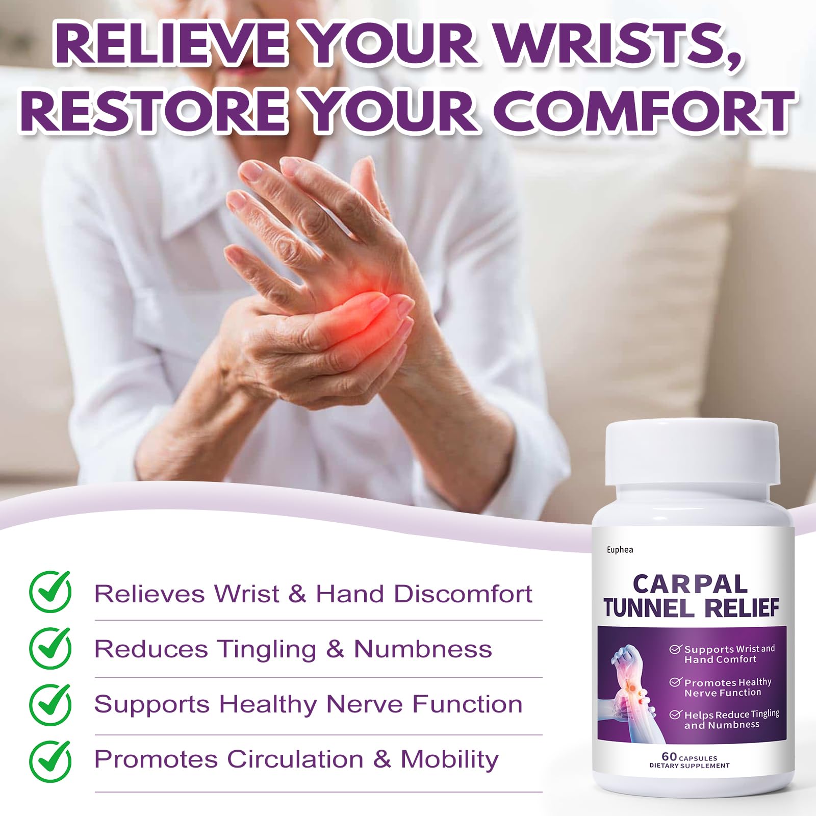 Euphea Carpal Tunnel Relief & Wrist Support Supplement, Helps Ease Tingling & Numbness,Vitamins B6, B12, C, D, K + GABA,60 Capsules Euphea buy supplements canada