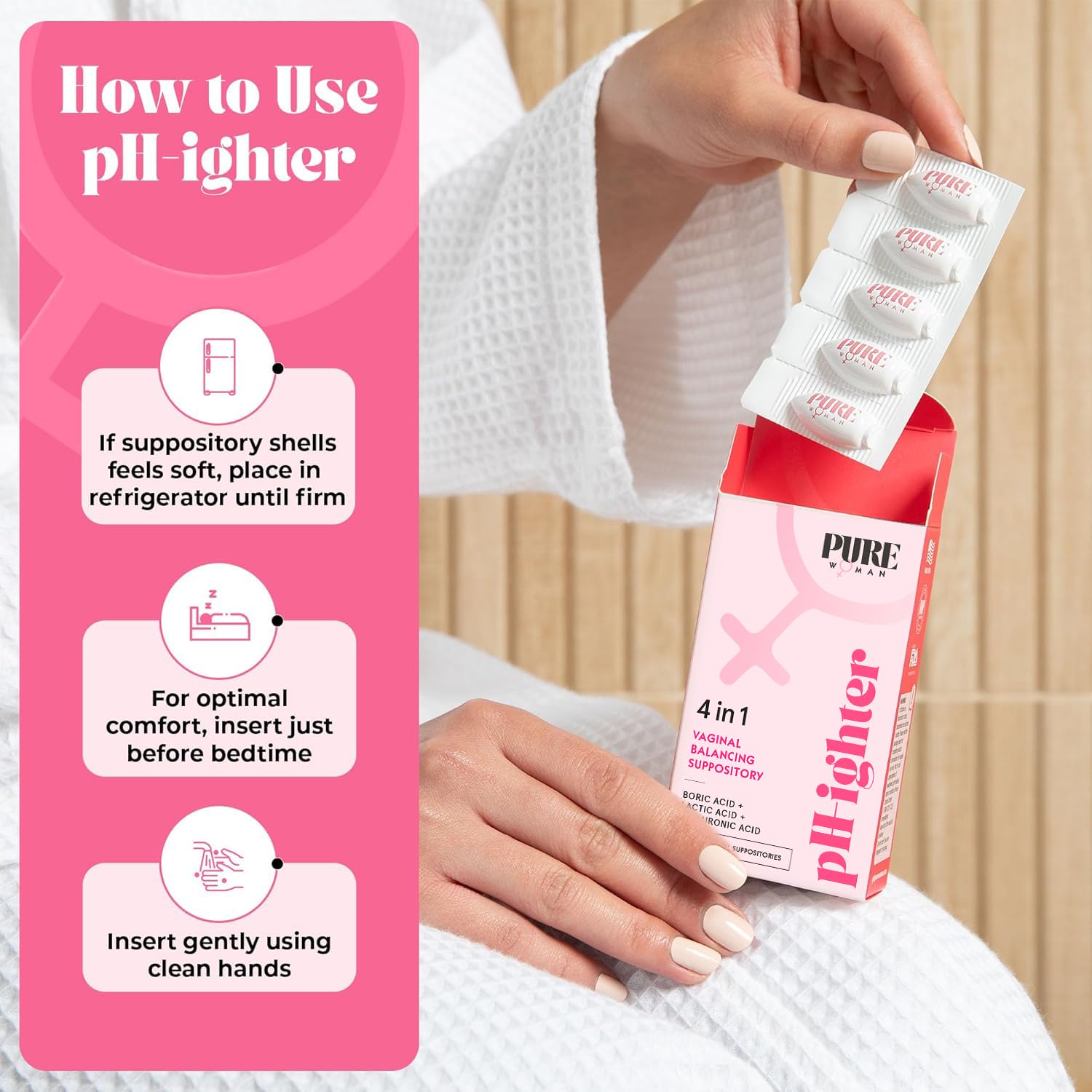 PURE WOMAN - pH-ighter Vaginal Boric Acid Suppositories for Women - Hyaluronic Acid - 4 in 1 Vaginal Suppositories for Discomfort, Dryness, Odor & pH Balance- Full Vaginal Health Care - 5pk PURE WOMAN buy supplements canada