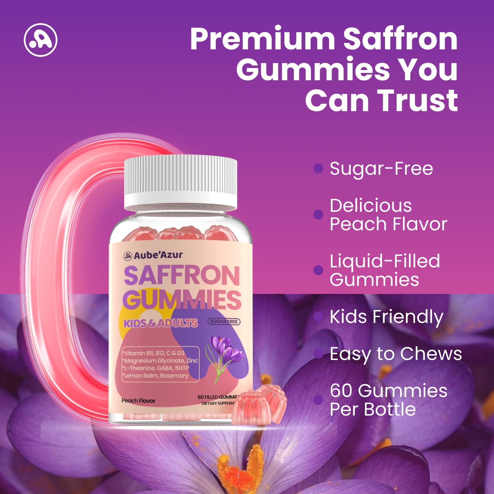 Saffron Gummies for Kids Adults 88.5mg, 15-in-1 Saffron Supplements for Kids, with B6, B12, C, D3, Magnesium Glycinate, Zinc for Nerve, Rest, Focus, Sugar Free, Vegan, Non- GMO, Peach Flavor, 60 Count Aube'Azur buy supplements canada