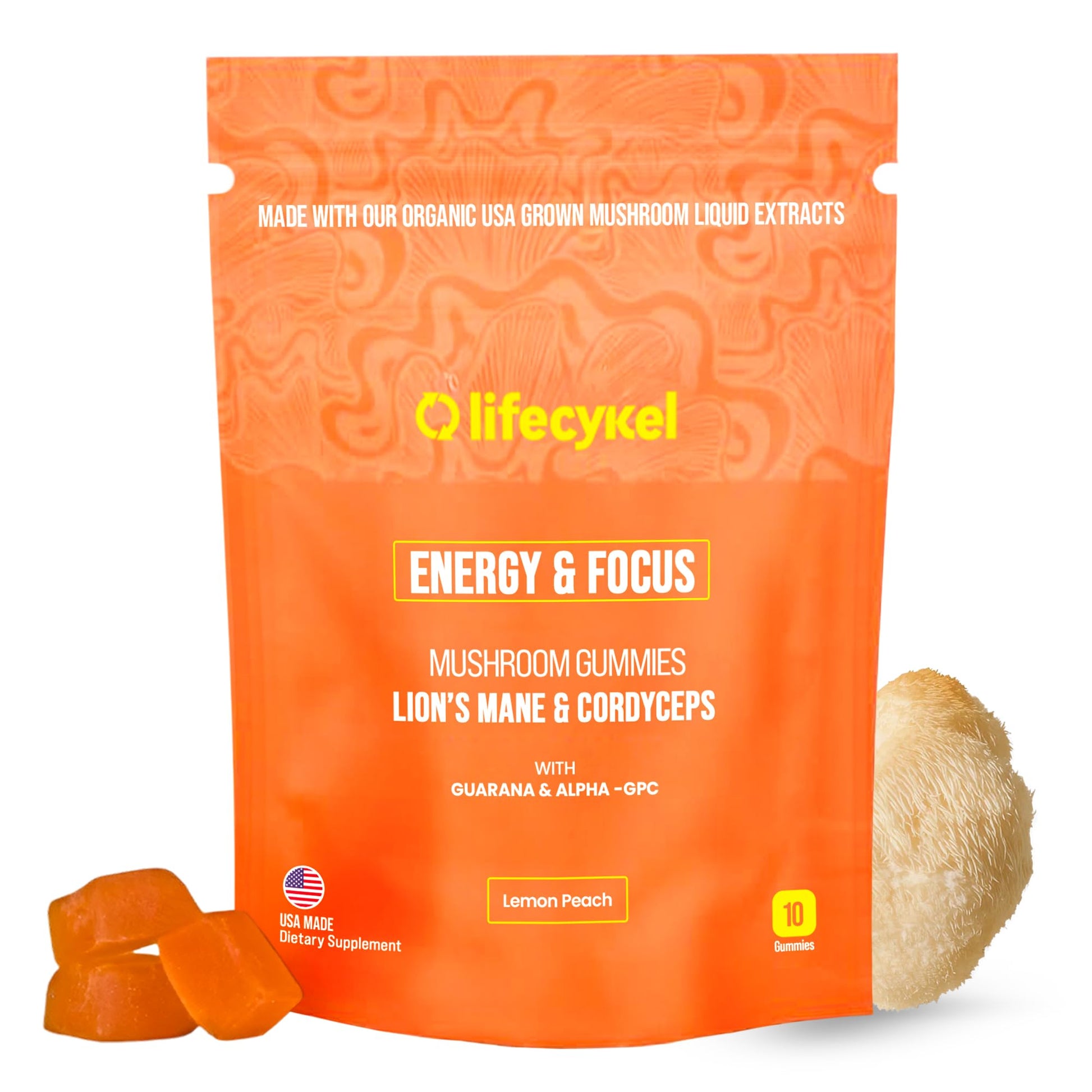 Life Cykel - AM Energy and Focus Mushroom Gummies, 10 Count - Organic Lion's Mane Gummies with Cordyceps, Guarana & Alpha GPC for Mental Clarity, Natural Energy, Endurance & Focus - Lemon Peach Flavor Life Cykel buy supplements canada