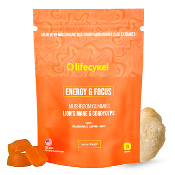 Life Cykel - AM Energy and Focus Mushroom Gummies, 10 Count - Organic Lion's Mane Gummies with Cordyceps, Guarana & Alpha GPC for Mental Clarity, Natural Energy, Endurance & Focus - Lemon Peach Flavor Life Cykel buy supplements canada