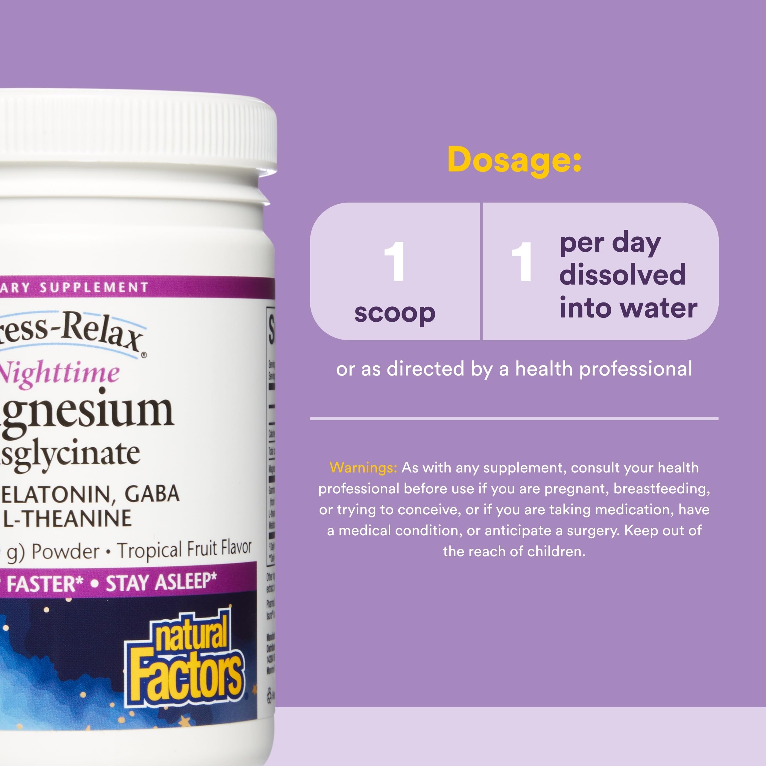 Natural Factors Stress-Relax Nighttime Magnesium Bisglycinate - Supports Sleep & Relaxation* - with Melatonin, L-Theanine & GABA - Tropical Flavor - 4.23 oz Natural Factors buy supplements canada