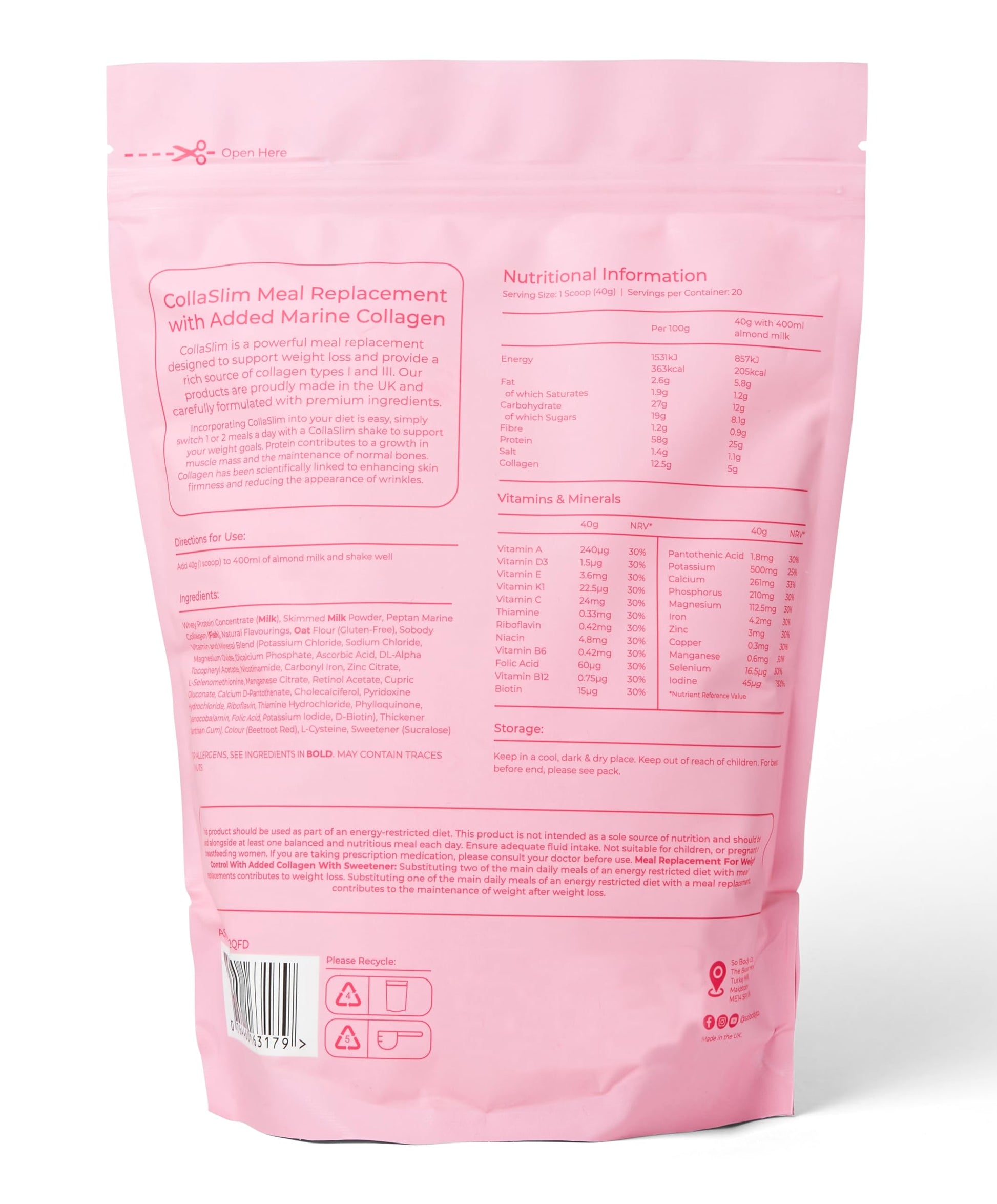 CollaSlim, Meal Replacement Shake with Added Collagen, Vitamins and Minerals, 800g So Body Co buy supplements canada