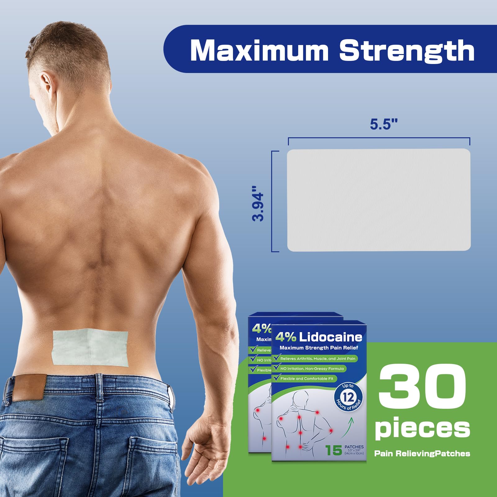 Uposiut 4% Lidocaine Pain Relief Patches 30 Count – Maximum Strength, 12 Hour Long Lasting, Flexible & Low Odor, for Back, Neck, Knee & Shoulder - 002AB Uposiut buy supplements canada