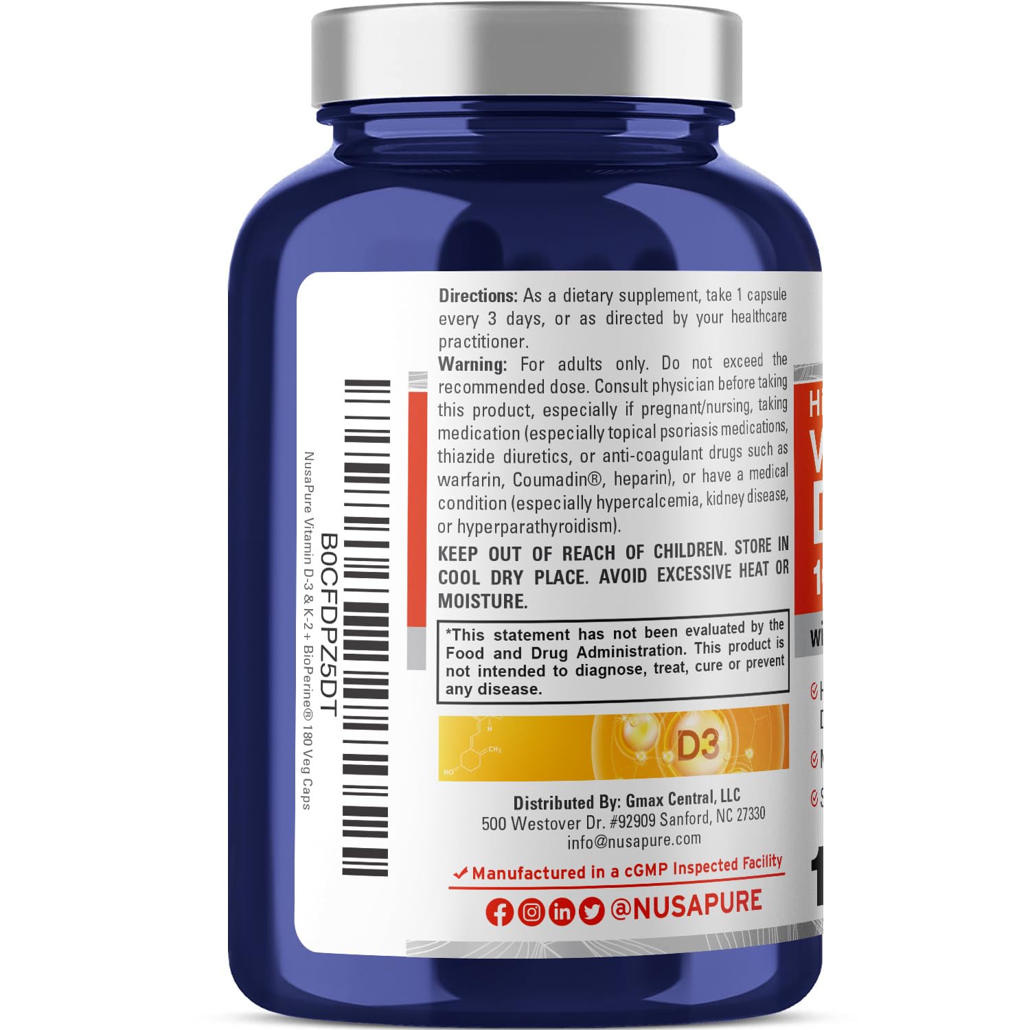 NusaPure Vitamin K2 (MK7) (200mcg) + Vitamin D3 (10000 IU) 180 Veg Caps - Bioperine, Soyfree, Non-GMO NusaPure buy supplements canada