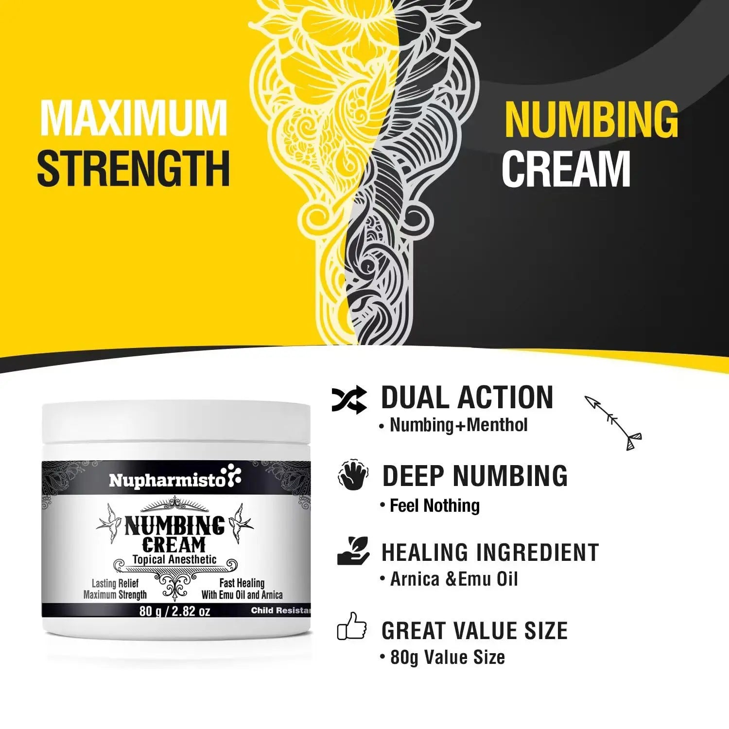 Nupharmisto Numbing Cream Maximum Strength : Long Lasting Numbing Cream with 5X Numbing - Emu Oil and Arnica 80 g / 2.82 oz Nupharmisto buy supplements canada
