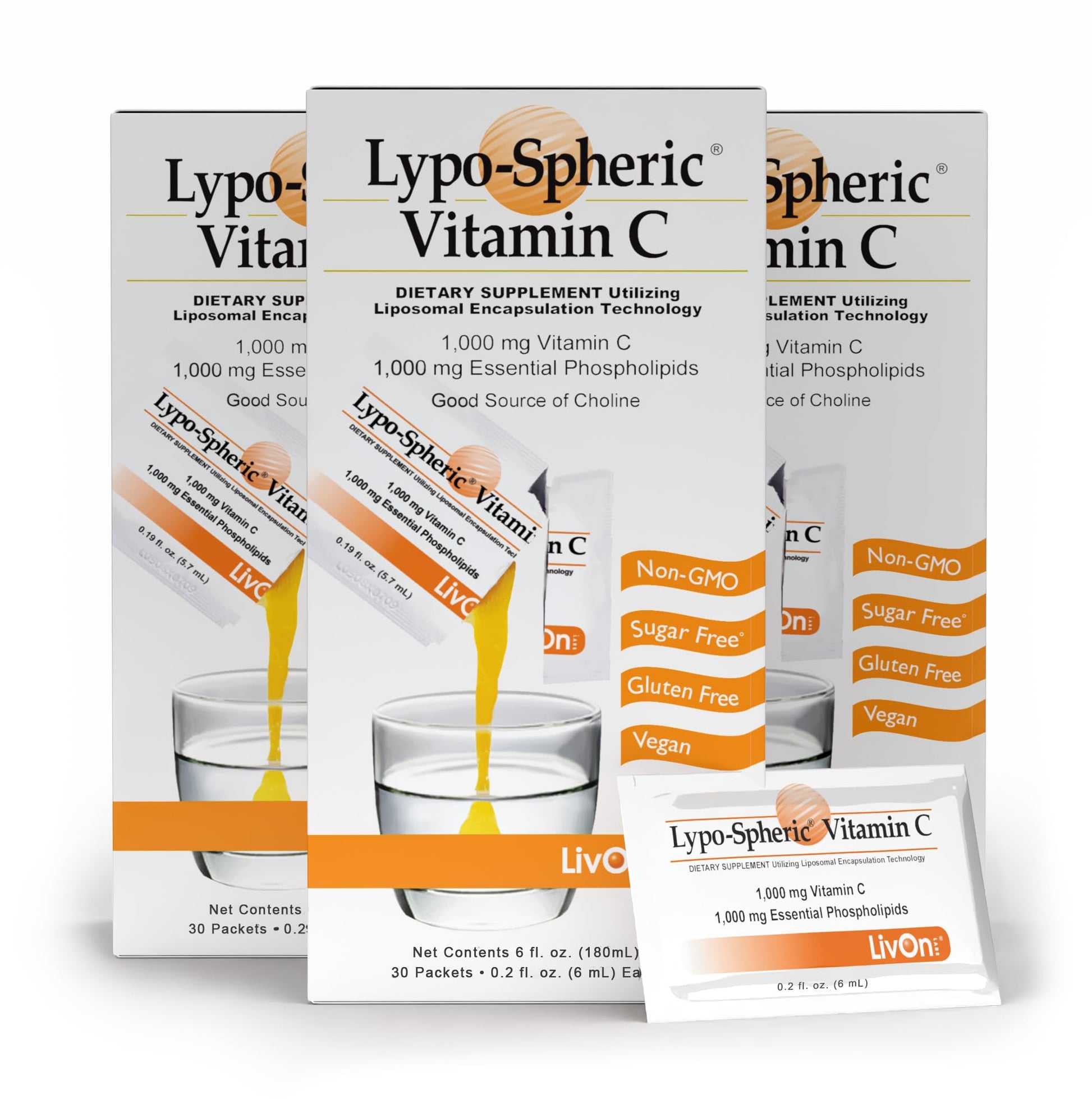 LivOn Laboratories Lypo–Spheric Vitamin C – 3 Cartons (90 Packets) – 1,000 mg Vitamin C & 1,000 mg Essential Phospholipids Per Packet – Liposome Encapsulated for Improved Absorption – 100% Non–GMO LivOn Laboratories buy supplements canada