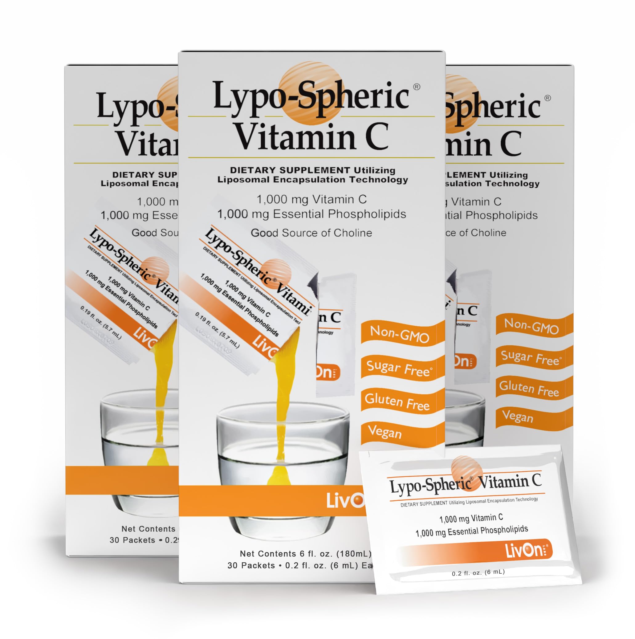 LivOn Laboratories Lypo–Spheric Vitamin C – 3 Cartons (90 Packets) – 1,000 mg Vitamin C & 1,000 mg Essential Phospholipids Per Packet – Liposome Encapsulated for Improved Absorption – 100% Non–GMO LivOn Laboratories buy supplements canada