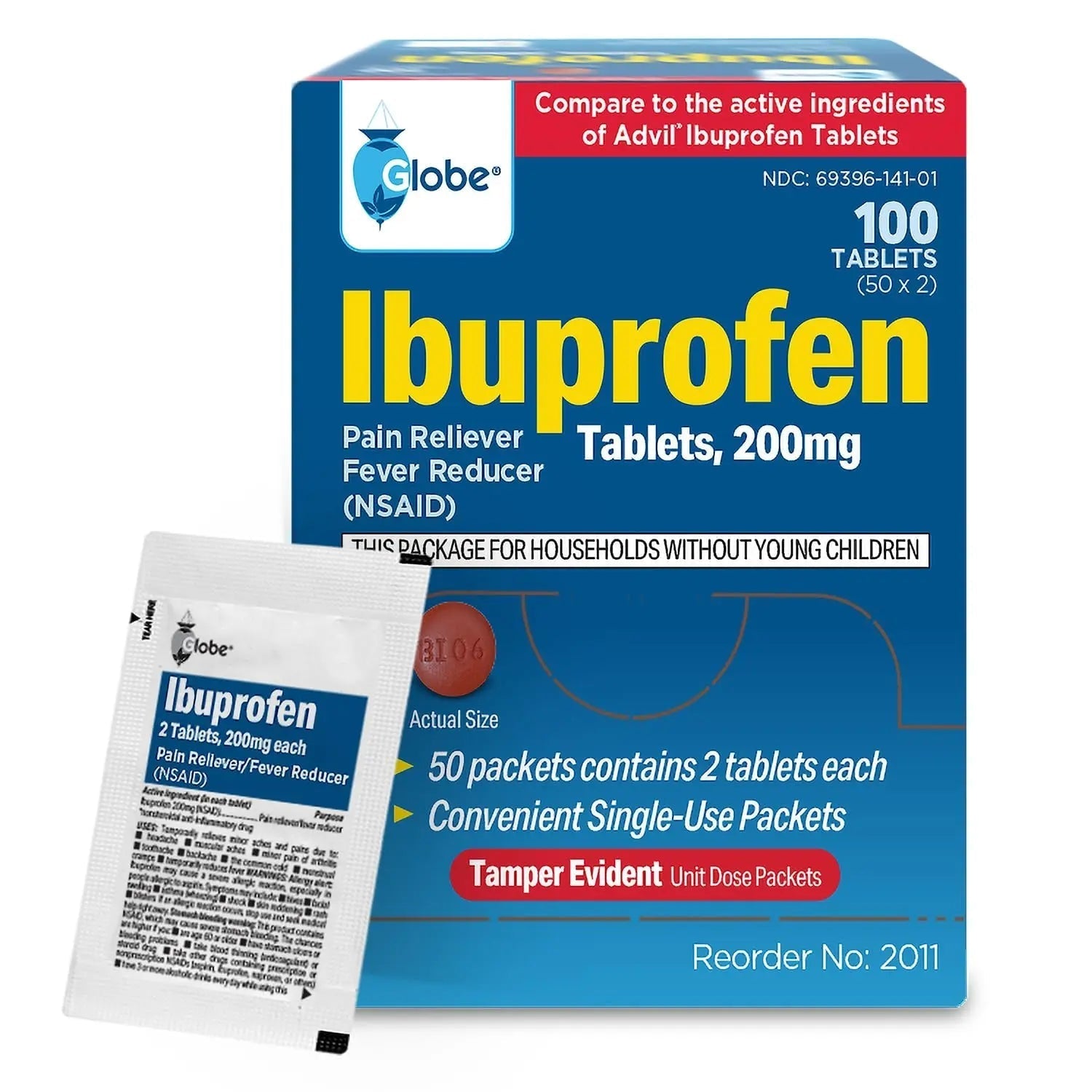 Globe Ibuprofen Tablets, 200 mg, Pain Reliever and Fever Reducer, for Headache, Muscular Aches, Arthritis, Backache and More 50 Packets of 2 Tablets Each,100 Tablets Trifecta Pharmaceuticals USA buy supplements canada