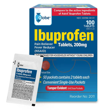Globe Ibuprofen Tablets, 200 mg, Pain Reliever and Fever Reducer, for Headache, Muscular Aches, Arthritis, Backache and More 50 Packets of 2 Tablets Each,100 Tablets Trifecta Pharmaceuticals USA buy supplements canada