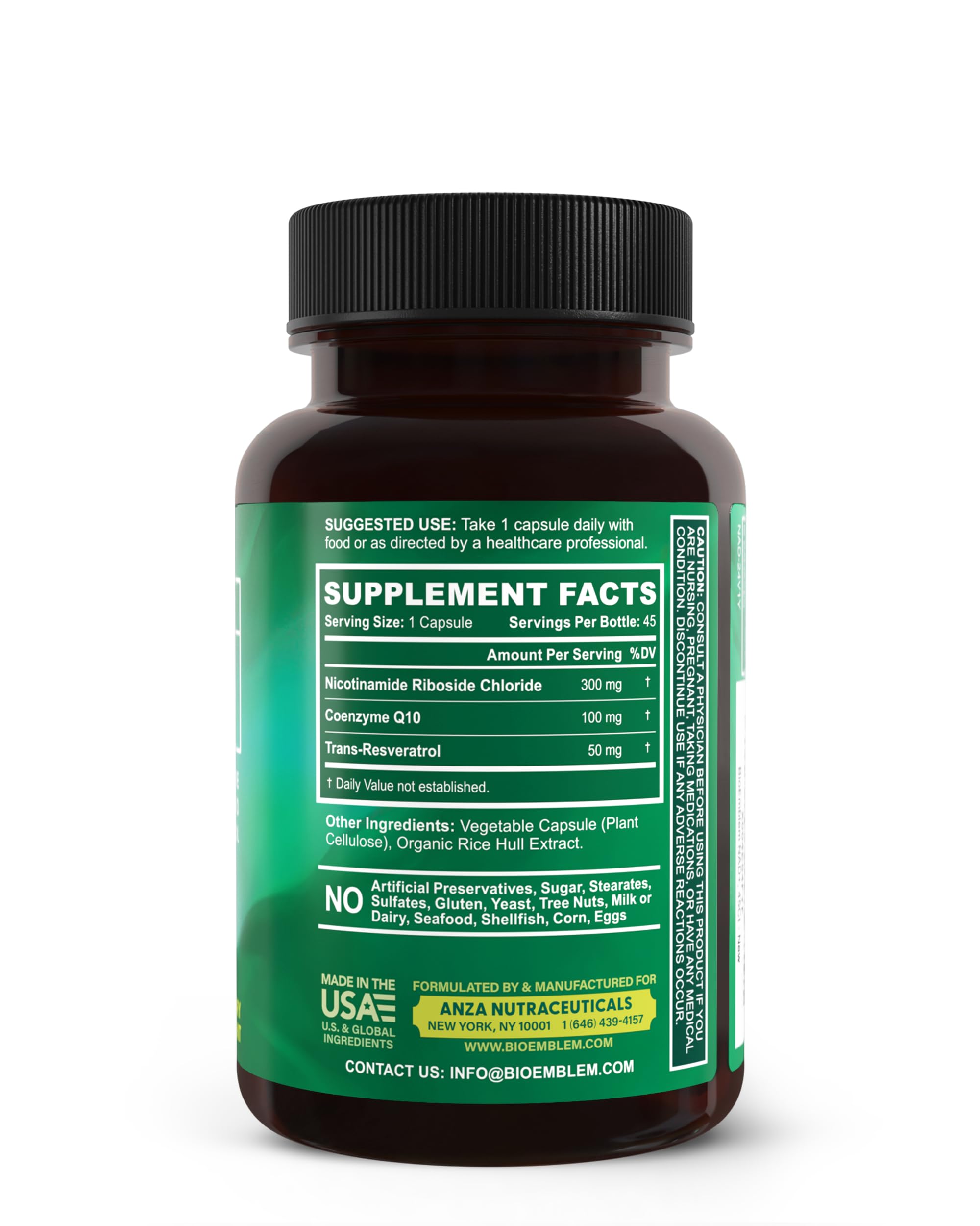 BioEmblem NAD+ Supplement | 300 mg Nicotinamide Riboside with CoQ10 & Resveratrol | Supports Healthy Aging, Cellular Energy and Cognitive Function | Non-GMO, Gluten Free - 45 Capsules BioEmblem buy supplements canada