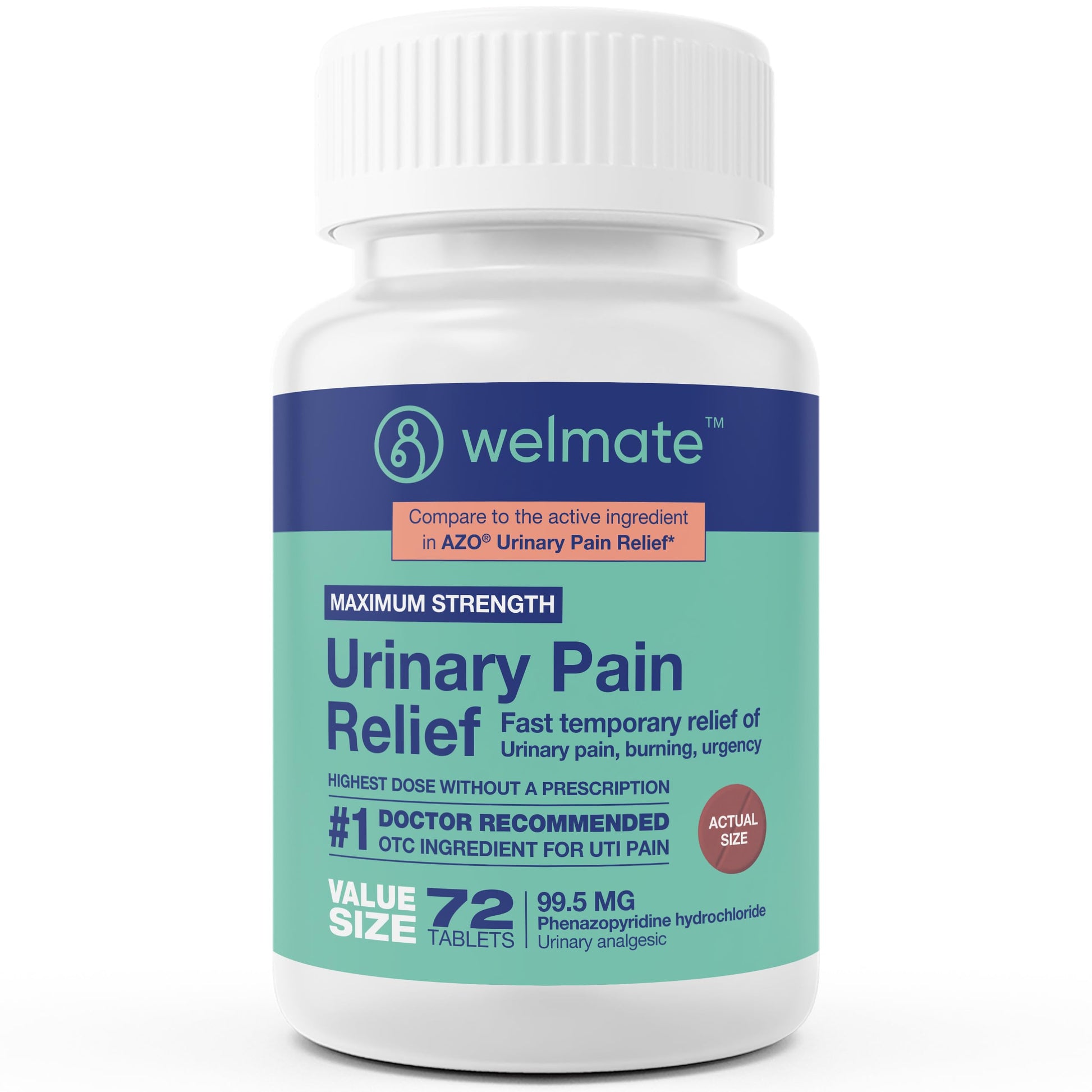 WELMATE Urinary Pain UTI Relief Maximum Strength (Phenazopyridine HCL) - Improve Urinary Tract Health & Bladder Control, Urgency, & Discomfort | Over-The-Counter Medication for Men & Women (72 Pills) WELMATE buy supplements canada
