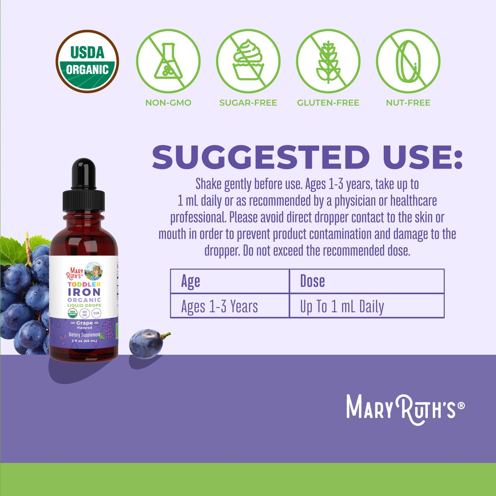 MaryRuth's Iron Supplement for Toddlers | Liquid Iron Supplement for Children Ages 1-3 | Iron Supplement for Iron Deficiency | Ferrochel | Sugar Free | Vegan | Non-GMO | Gluten Free | 2 Fl Oz MARYRUTH'S buy supplements canada