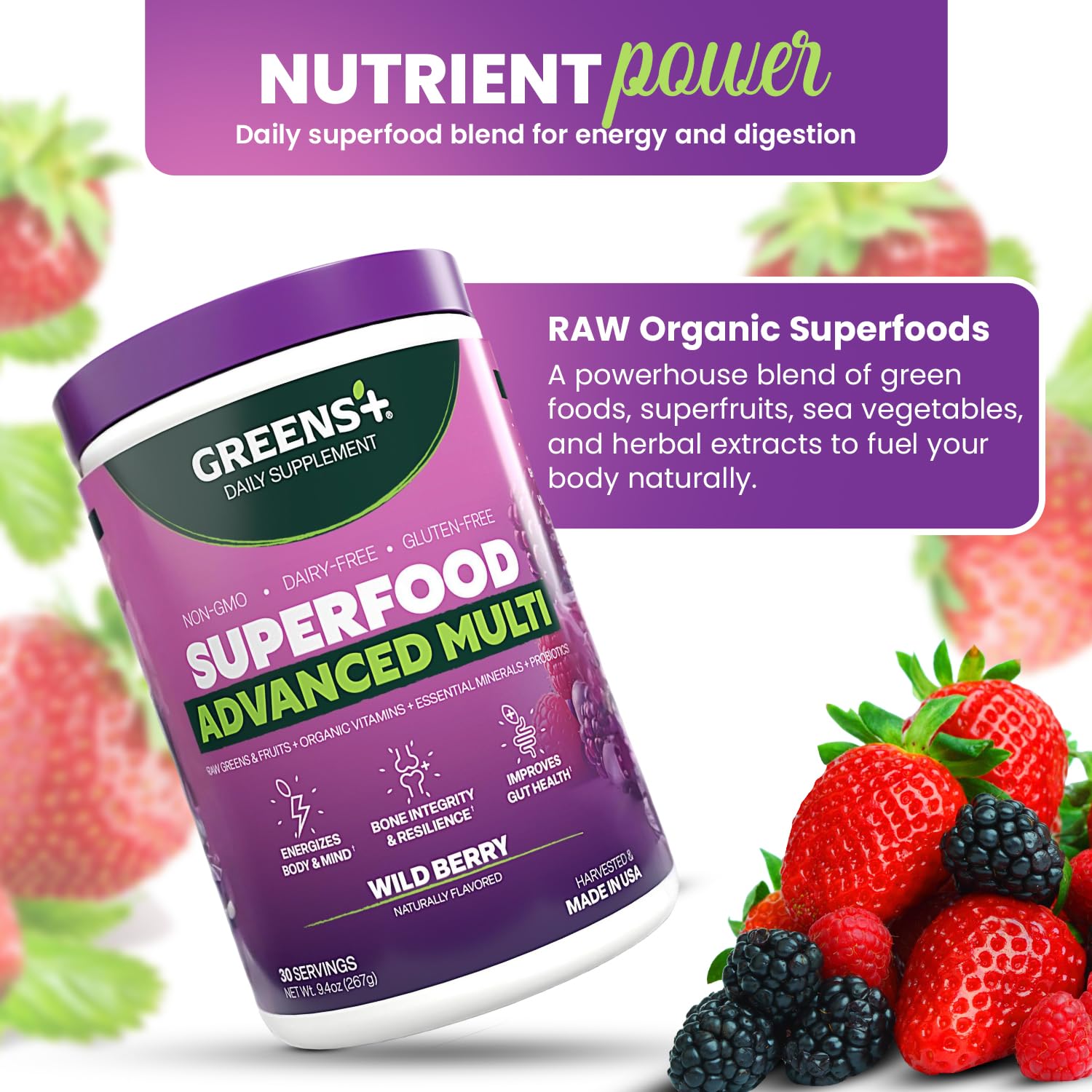 Greens+ Advanced Multi Wild Berry Superfood Powder, Organic Blend, Vegan, Non-GMO, Soy-Free, Dairy-Free, Gluten-Free, Dietary Supplement with Vitamins & Minerals, 9.4 oz Greens+ buy supplements canada