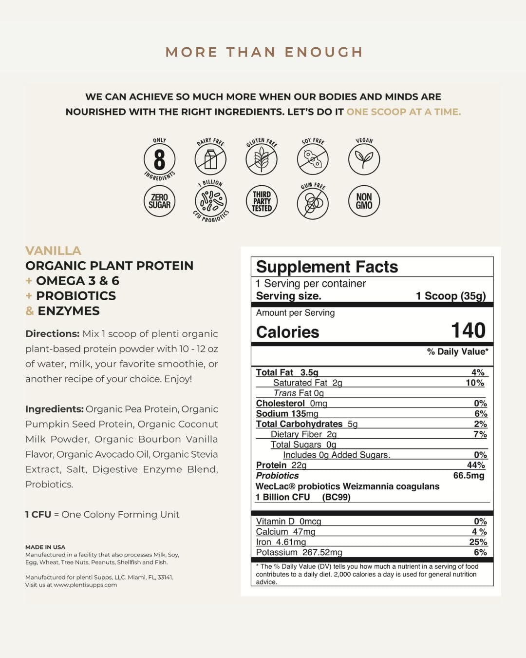 plenti Organic Plant-Based Protein Powder: Vanilla - 20g Pea Protein + Probiotics, Digestive Enzymes & Omega 3-6, Gut Friendly, Sugar Free, 27 Servings (2 lbs) plenti buy supplements canada