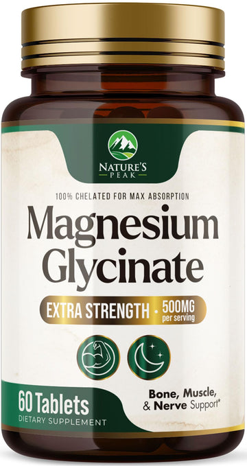 Magnesium Glycinate 500mg Per Serving - High Absorption Chelated Magnesium Supplement for Muscle, Bone and Heart Health Support - Easy Digestion & Gentle on Your Stomach - USA Bottled - 60 Tablets Nature's Peak buy supplements canada