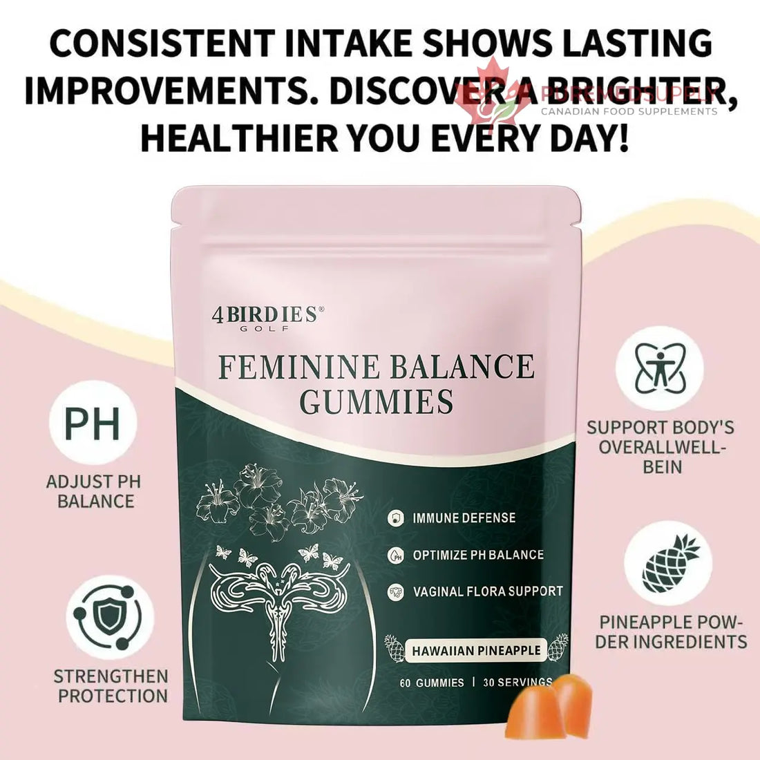 4 BIRDIES GOLF Premium Feminine Balance Gummies for Women's Health, Hawaiian Pineapple Gummies for Women Vaginal Probiotic & pH Balance Support - Vegan - Healthy Odor - Gluten-Free - 60 Count 4 BIRDIES GOLF buy supplements canada