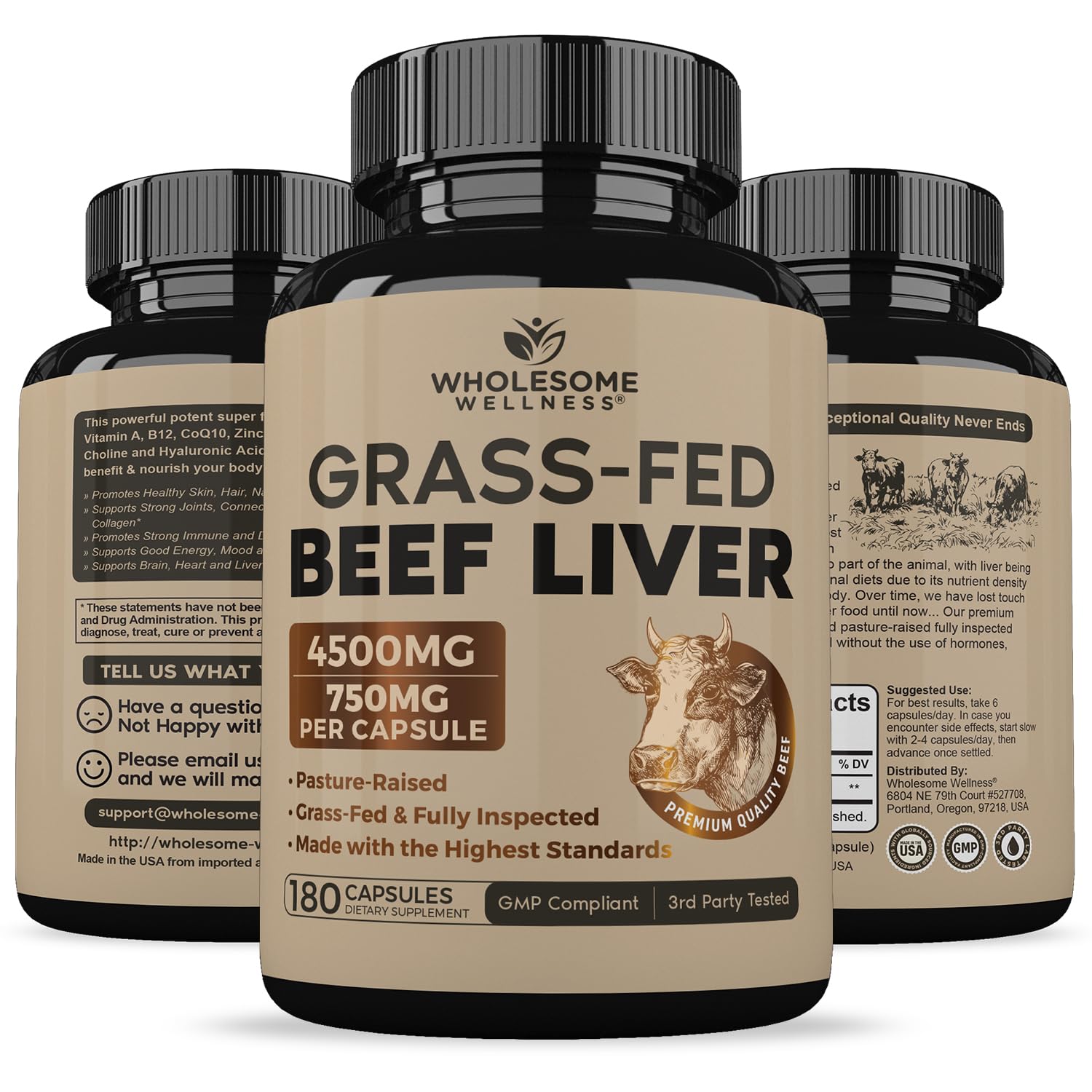 Wholesome Wellness Grass Fed Desiccated Beef Liver Capsules (180 Pills, 750mg Each) - Natural Iron, Vitamin A, B12 for Energy - Raised Undefatted in New Zealand Wholesome Wellness buy supplements canada