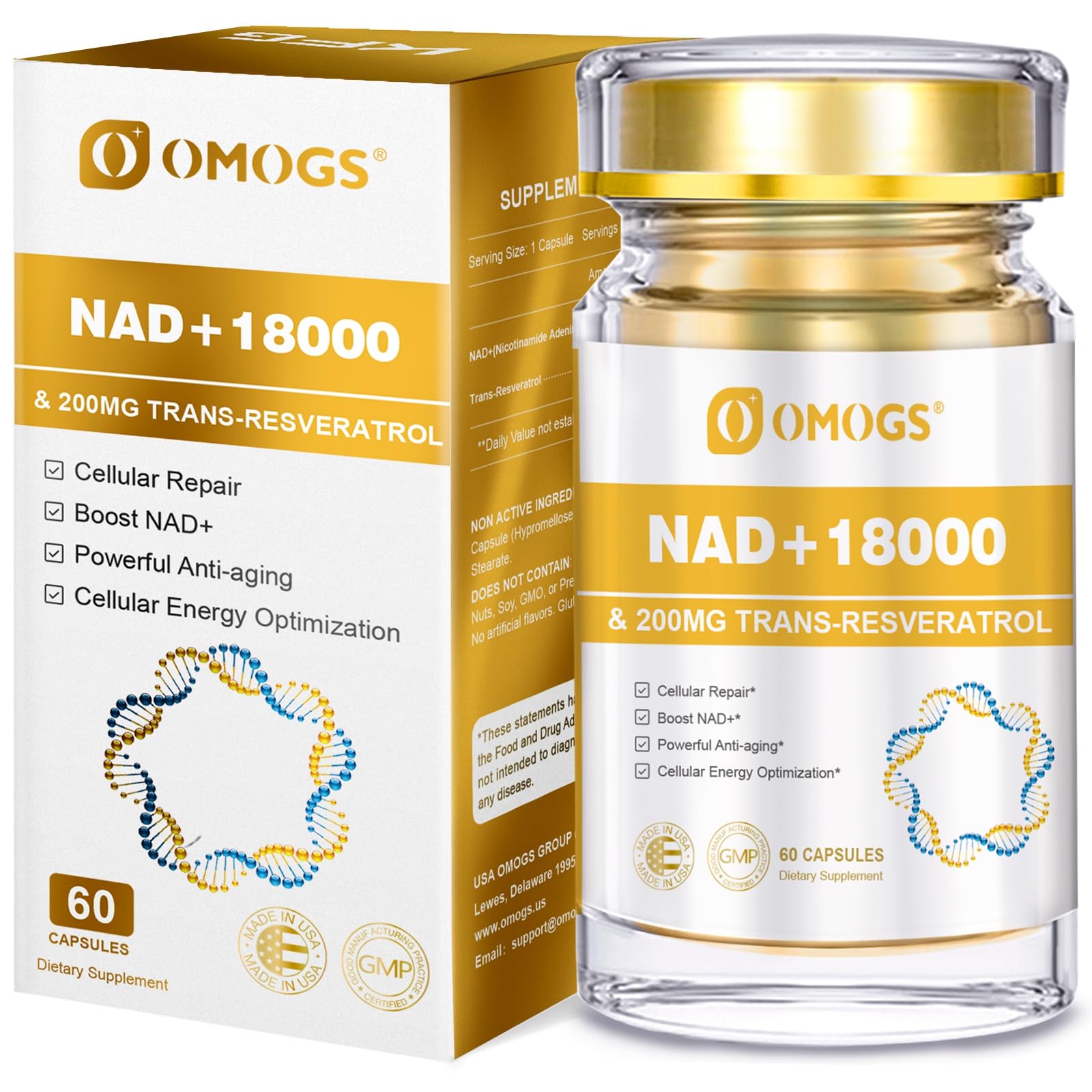 OMOGS NAD+ 300 mg + Trans-Resveratrol 200 mg, Pure NAD Supplement, Max Absorption, Boosting Supplement for DNA Repair, Healthy Aging, Cellular Energy & Longevity, 60 Capsules OMOGS buy supplements canada