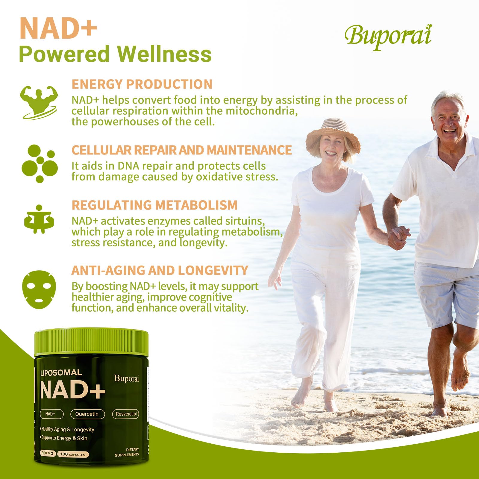 Buporai NAD Supplement 900mg with Resveratrol & Quercetin, NAD Supplement for Anti-Aging, Cellular Energy & Repair-100 Capsules Buporai buy supplements canada
