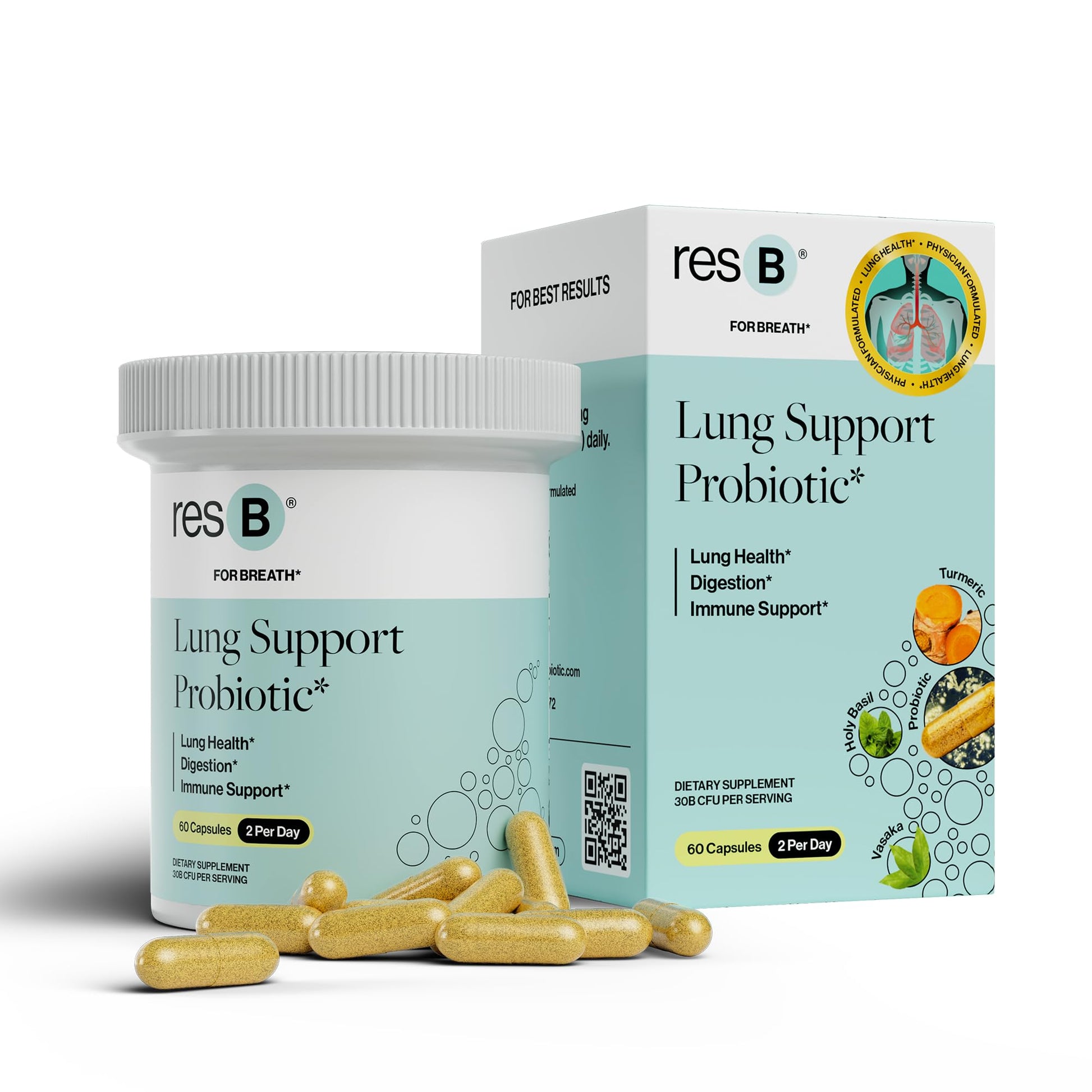 resB Lung Support Probiotic Supplement - Lung Health Supplement for Smokers, Gut Health, Immune & Digestive Support, Respiratory Care, Holy Basil & Turmeric, Clinically Trialed - 60 Capsules ResBiotic buy supplements canada