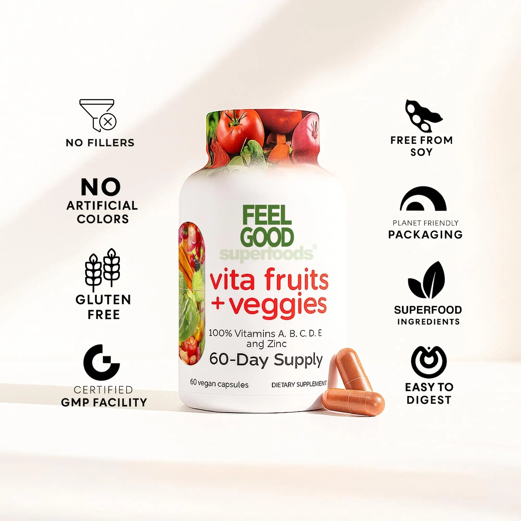 FeelGood Superfoods Vita Fruits and Veggies Capsules - 25 Superfood Ingredients, Fruit and Vegetable Multivitamin, 60 Count FeelGood Superfoods buy supplements canada
