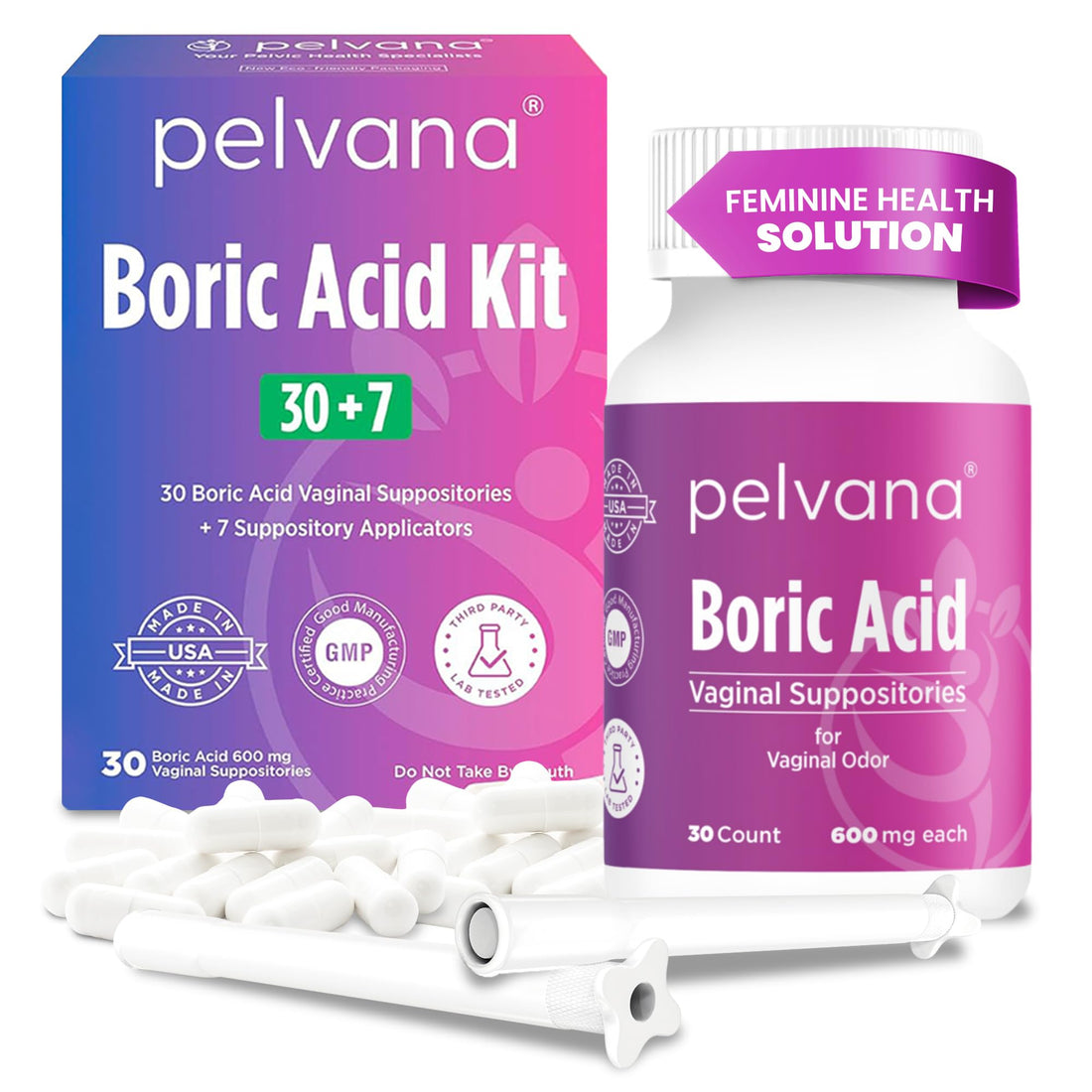 Pelvana Boric Acid Suppositories for Women - 30 Count + 7 Applicators - 600mg Boric Acid Capsules for Vaginal Odor Use Pelvana buy supplements canada