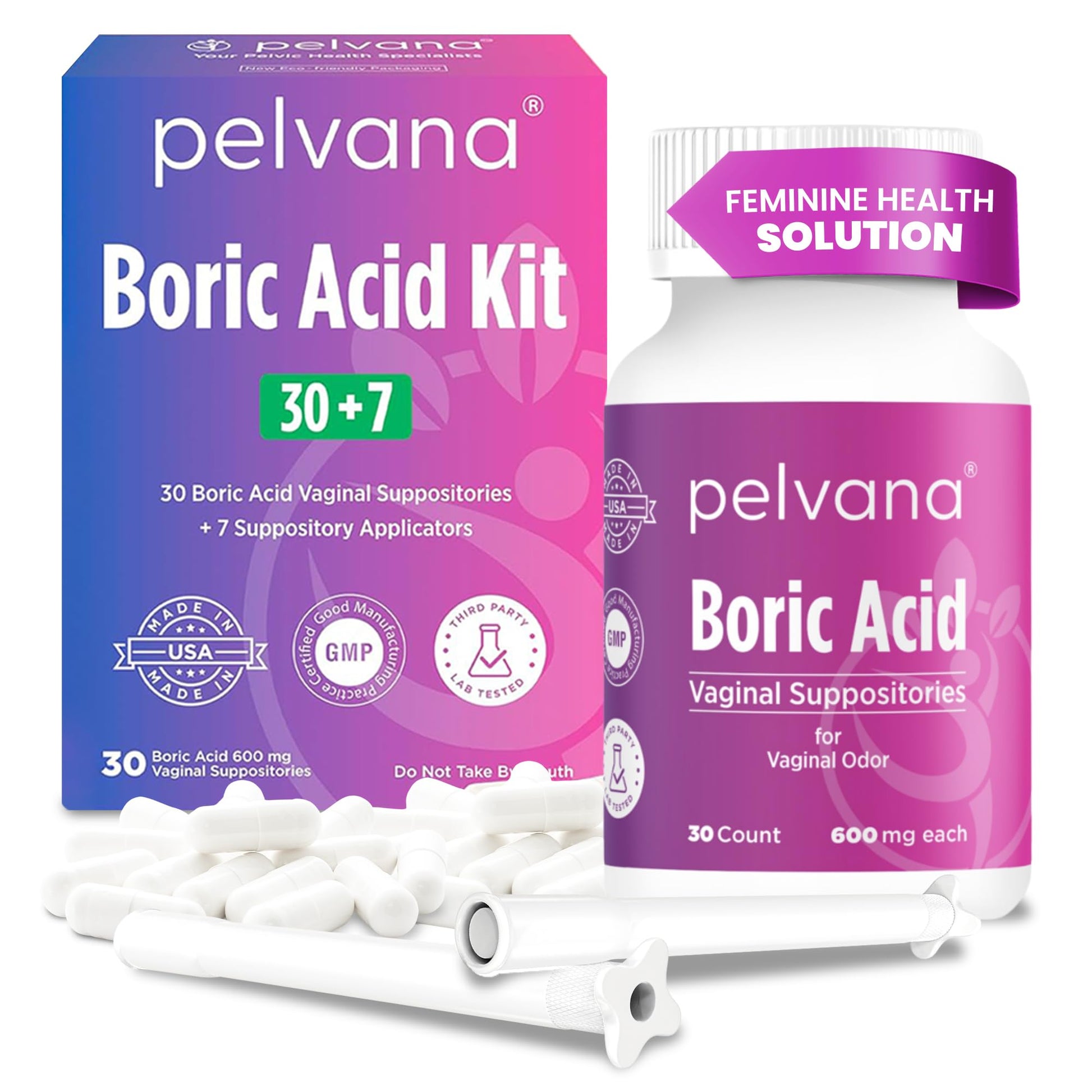 Pelvana Boric Acid Suppositories for Women - 30 Count + 7 Applicators - 600mg Boric Acid Capsules for Vaginal Odor Use Pelvana buy supplements canada