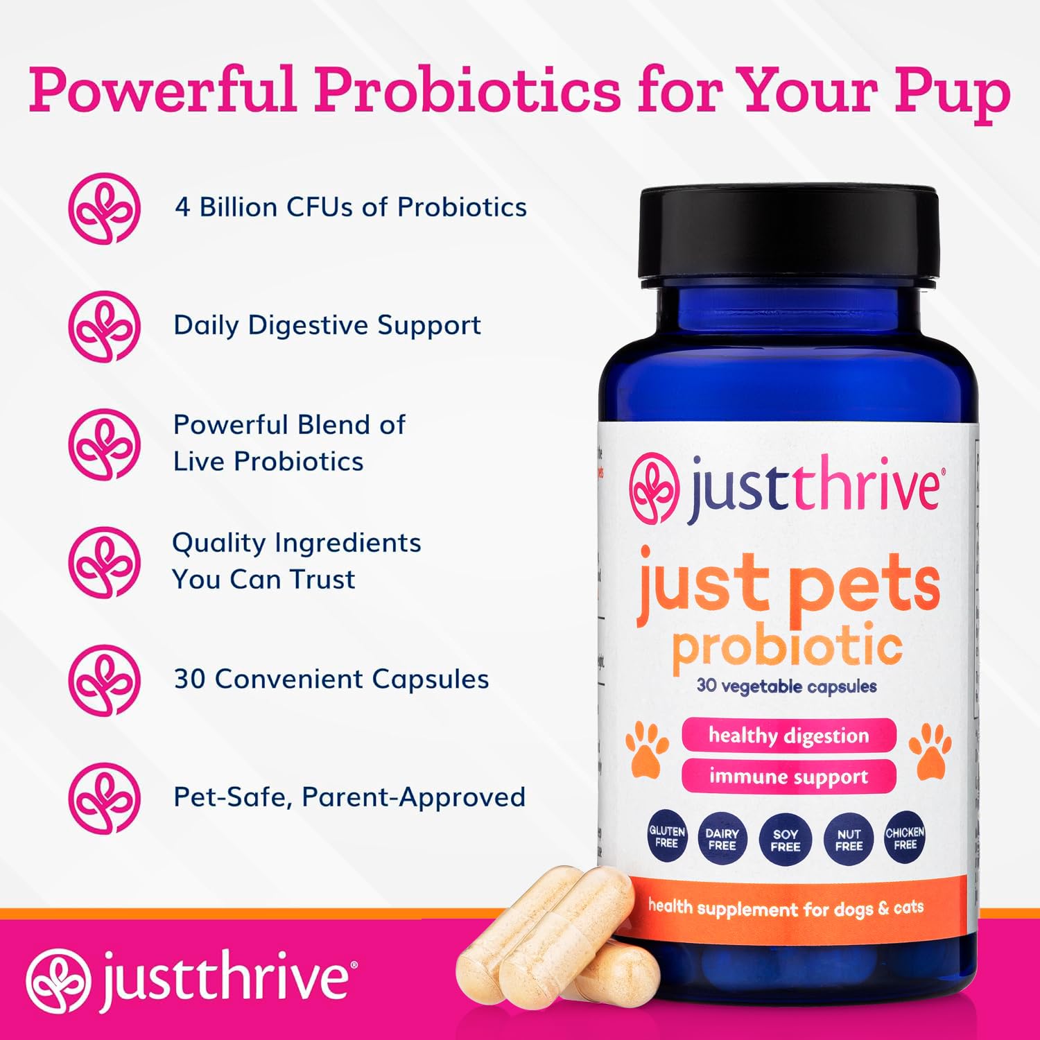 Just Thrive Just Pets Probiotic - Daily Digestive Probiotics for Dogs and Cats - 4 Billion CFUs Pet Probiotic, 30 Capsules Just Thrive buy supplements canada