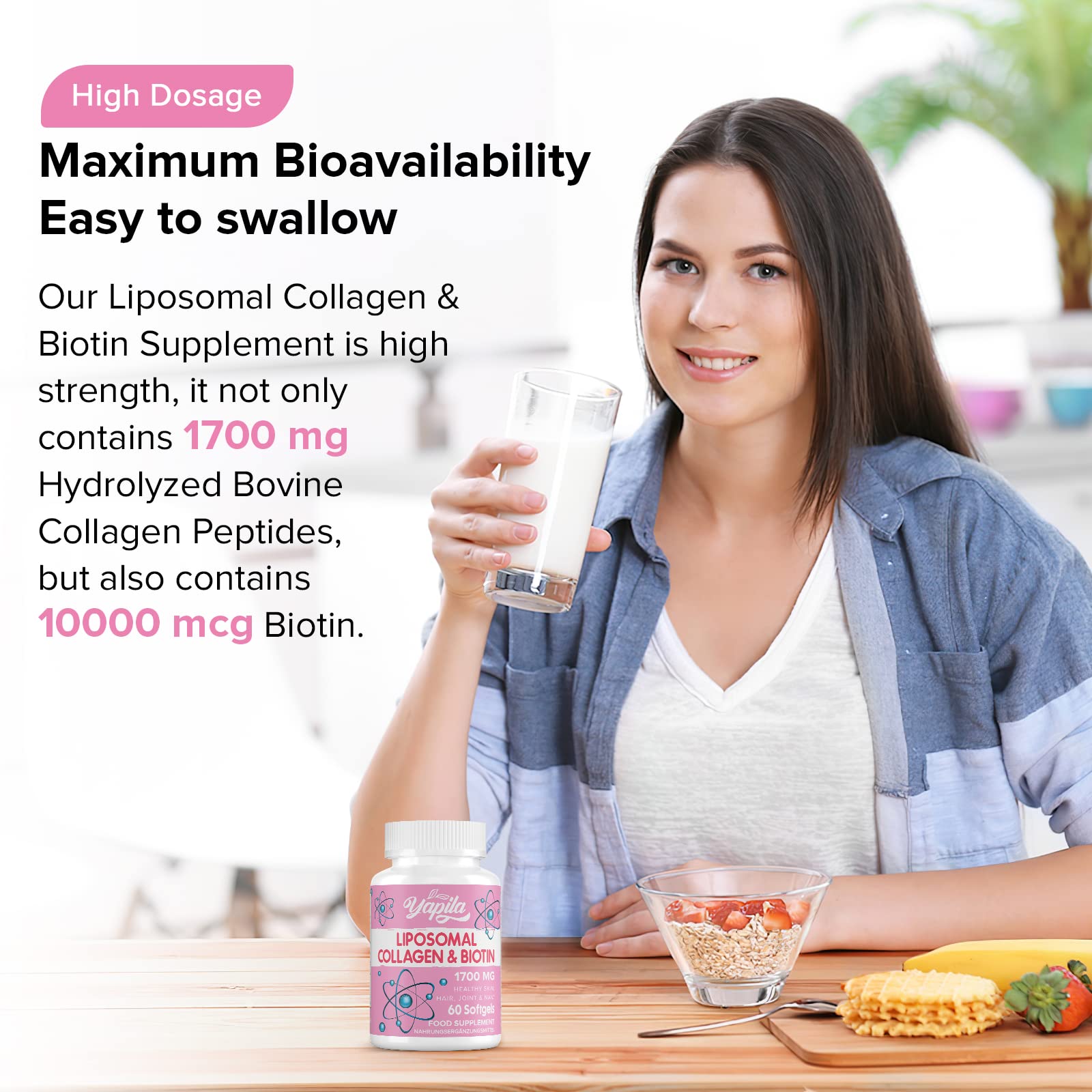 Liposomal Collagen Biotin Capsules, Hydrolyzed Bovine Collagen Peptides 1700 mg, Types 1 & 3 Protein Yapila buy supplements canada