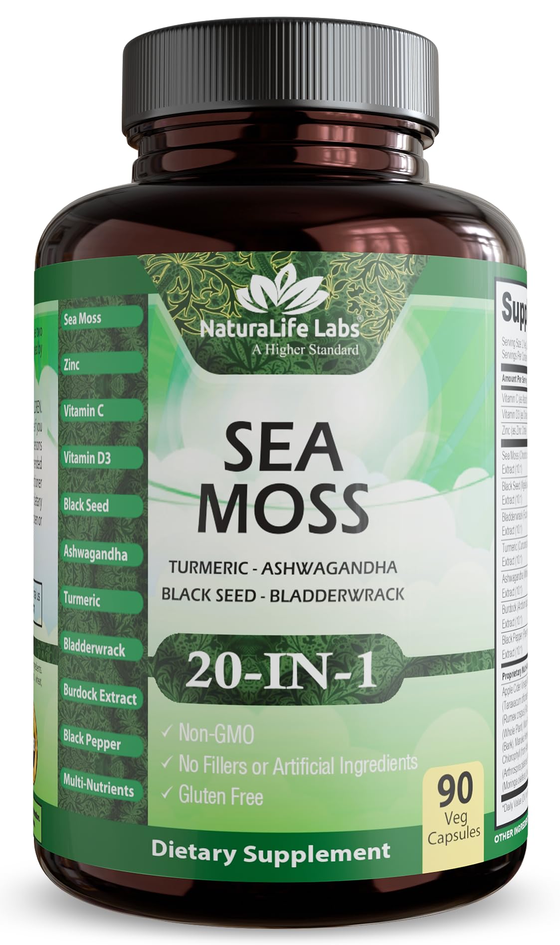 Sea Moss, Black Seed Oil, Bladderwrack, Turmeric, Ashwagandha, Burdock, Vitamin C, D3, Yellow Dock Root, Manuka, Dandelion - 90 Veggie caps NaturaLife Labs buy supplements canada