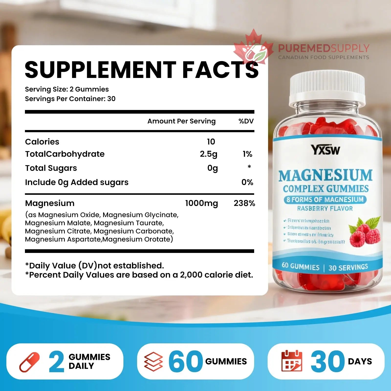 Magnesium Complex Gummies 8 Elemental 1000mg - Magnesium Glycinate, Citrate, Malate, Taurate, Supports Bones, Muscle, Nerve Health, for Women & Men, Vegan Non-GMO, Raspberry Flavor, 60 Count YXSW buy supplements canada