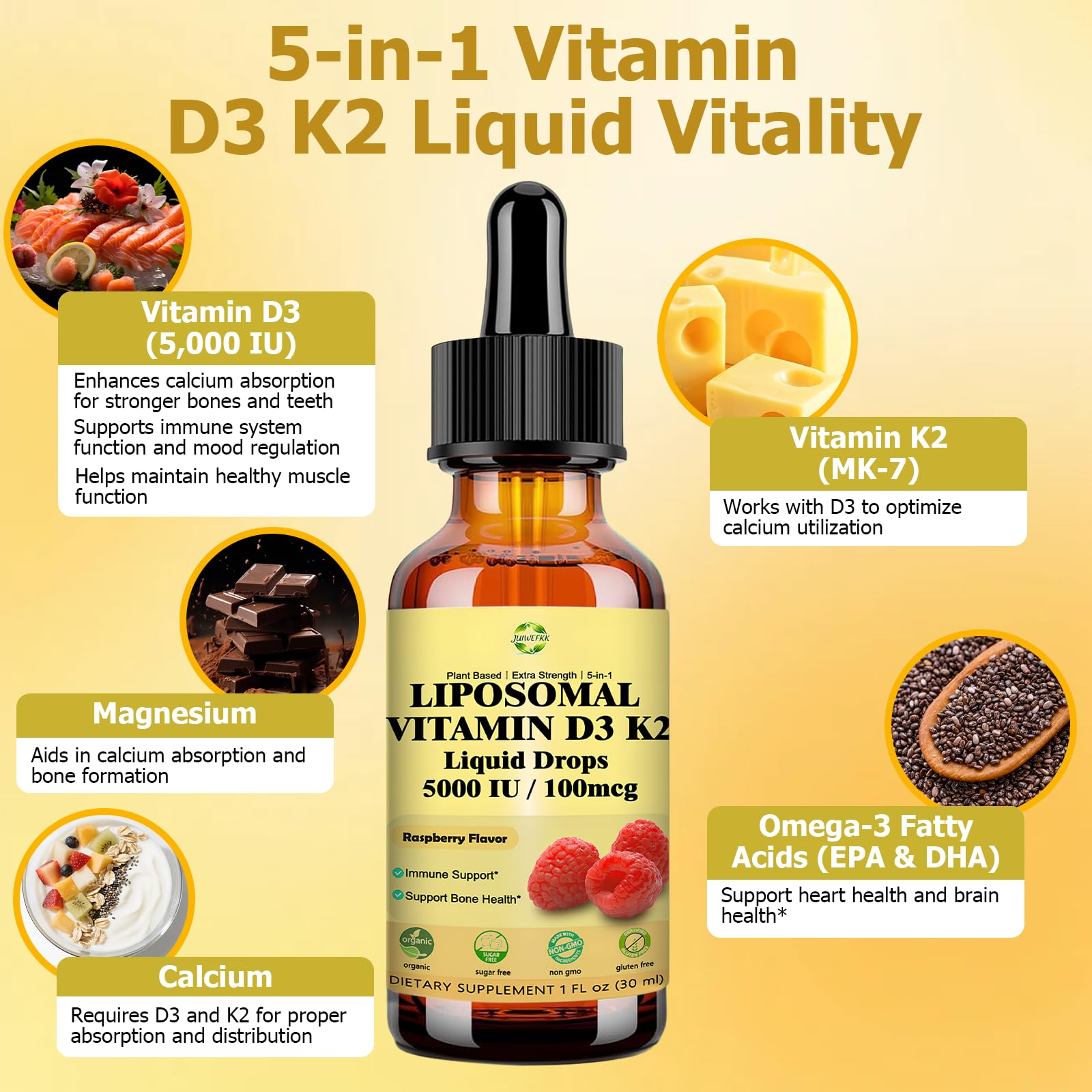 Liquid Vitamin D3 K2 Drops with Calcium Magnesium Omega3, High Potency 5-in-1 D3 K2 Vitamin 5000 IU Supplement for Bone Health, Heart Teeth & Immue, Ultra High Absorption Liposomal D3K2 Plant-Based JUIWEFKK buy supplements canada