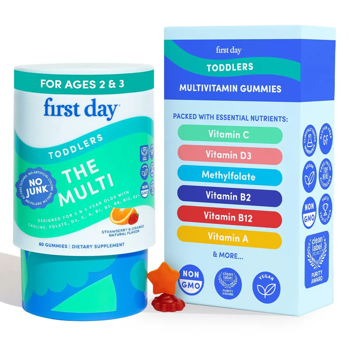 FIRST DAY Toddler Multivitamin Gummies (Ages 2-3)| Kids Multivitamin Gummies with Vitamins A C D3, B2, B12, Choline, Folate and 21 Organic Superfoods| (30 Day Supply) FIRST DAY buy supplements canada