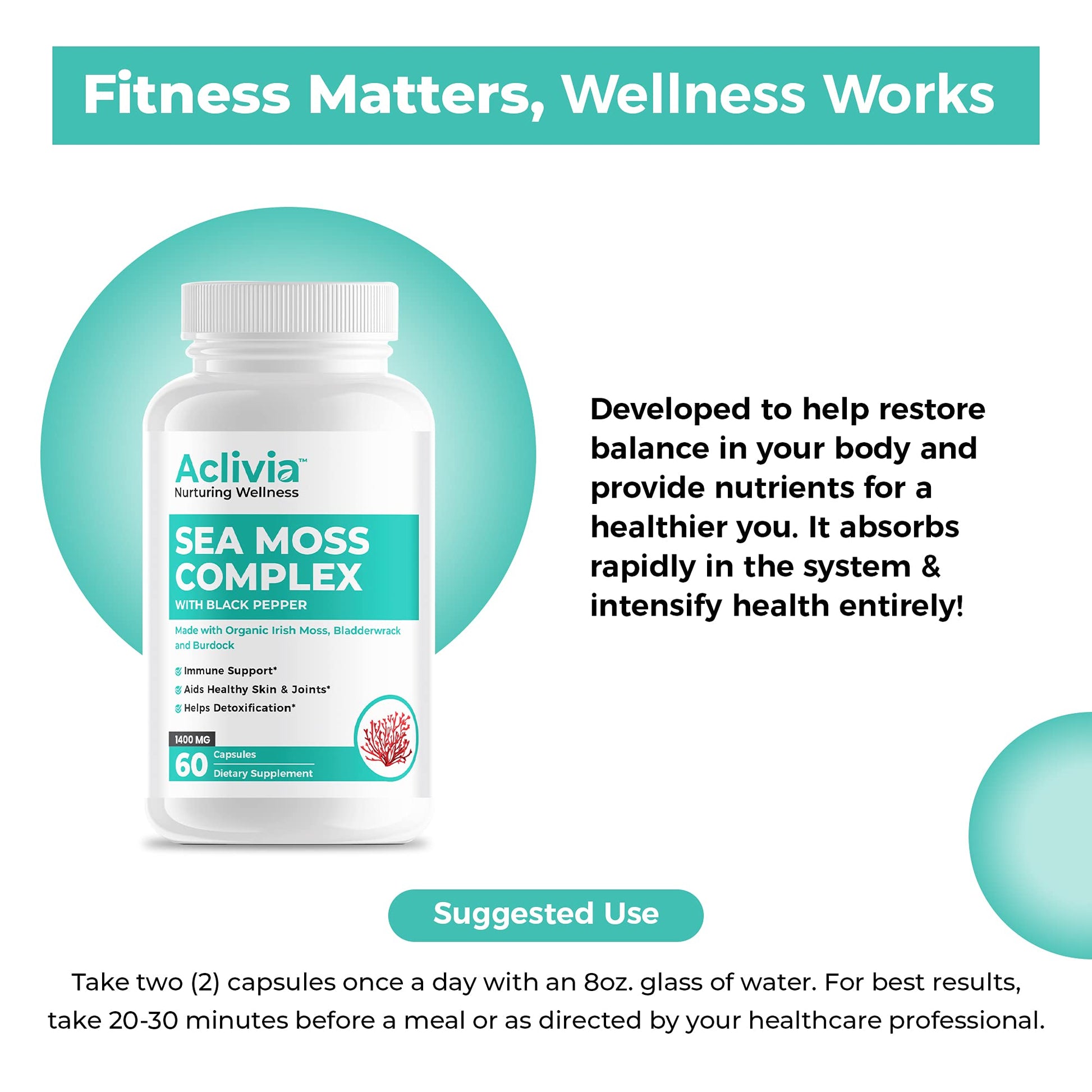Aclivia - Organic Irish Sea Moss Capsules with Bladderwrack & Burdock Root - 102 Minerals Sea Moss Supplement - Thyroid Support, Immune Boost - Non-GMO (60 Count) Aclivia buy supplements canada