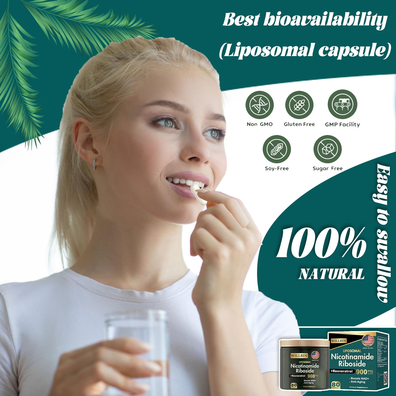Willbin Liposomal NAD+ Supplement, Nicotinamide Riboside with Resveratrol, NAD Nicotinamide Riboside Boost Energy Focus Anti-Aging for Women & Men - 80 Vegan Capsules Willbin buy supplements canada