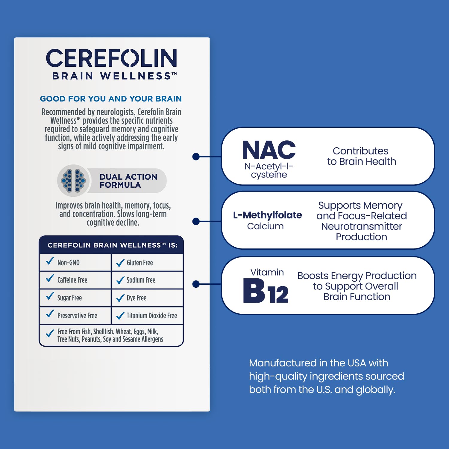 Cerefolin Brain Wellness, Targeted Nutrition for Cognitive Support, Improves Memory, Focus & Concentration, L-Methylfolate, NAC, B12, Neurologist Recommended (60 Count) Cerefolin buy supplements canada