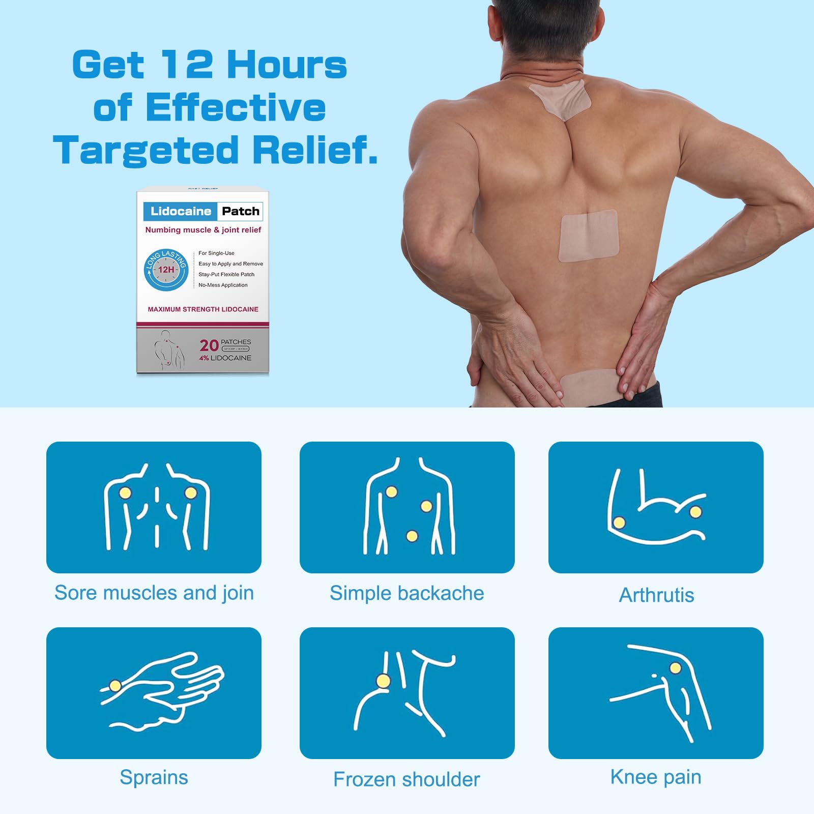 YOAPA 4% Lidocaine Pain Relief Patches | Maximum Strength Numbing Gel Patch for Back, Neck, Knee, Shoulder & Joint Pain | Up to 12 Hour Temporary Relief | 20 Count - G41 YOAPA buy supplements canada