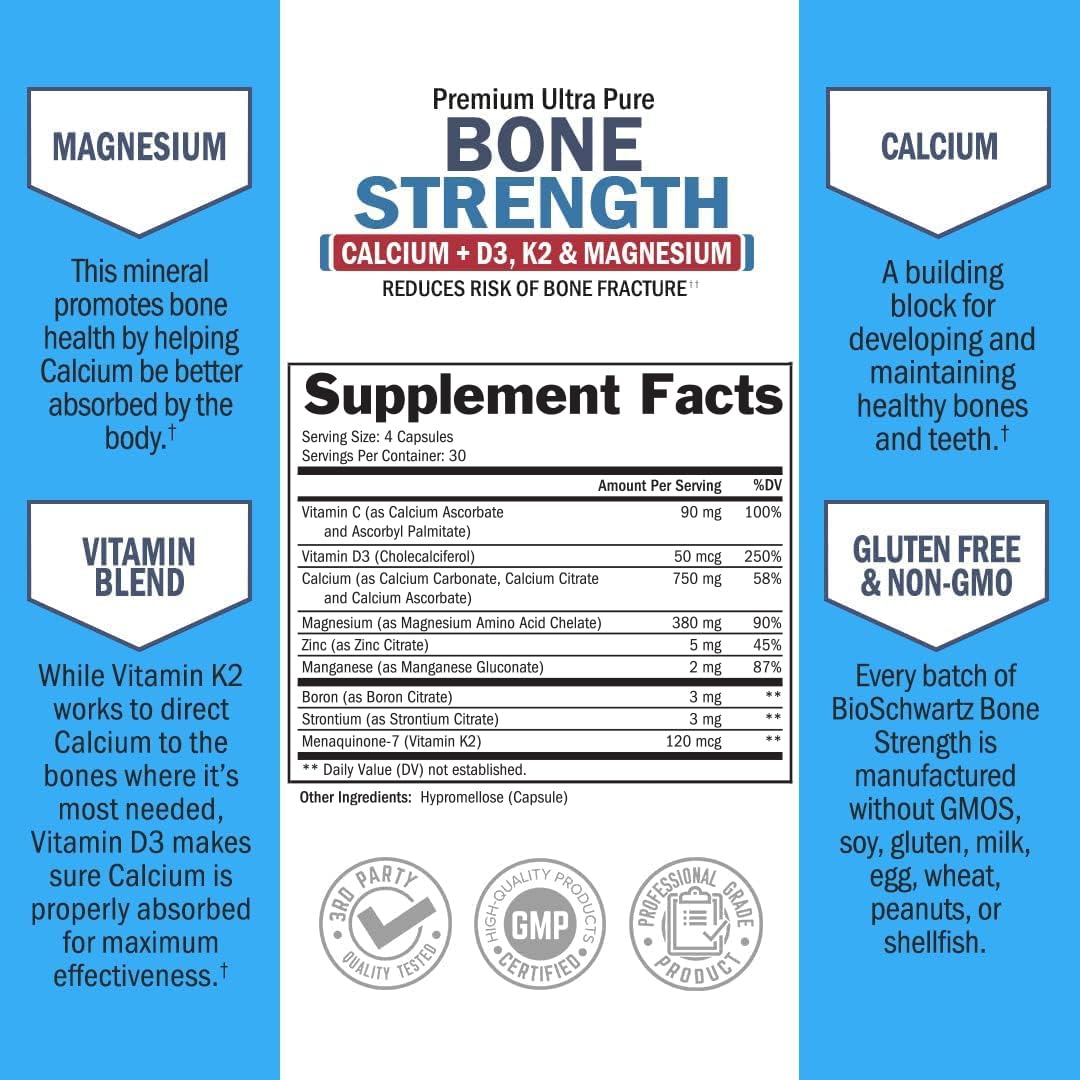 Bone Strength Supplement with Calcium + D3, K2 & Magnesium - Highly Absorbable BioSchwartz buy supplements canada