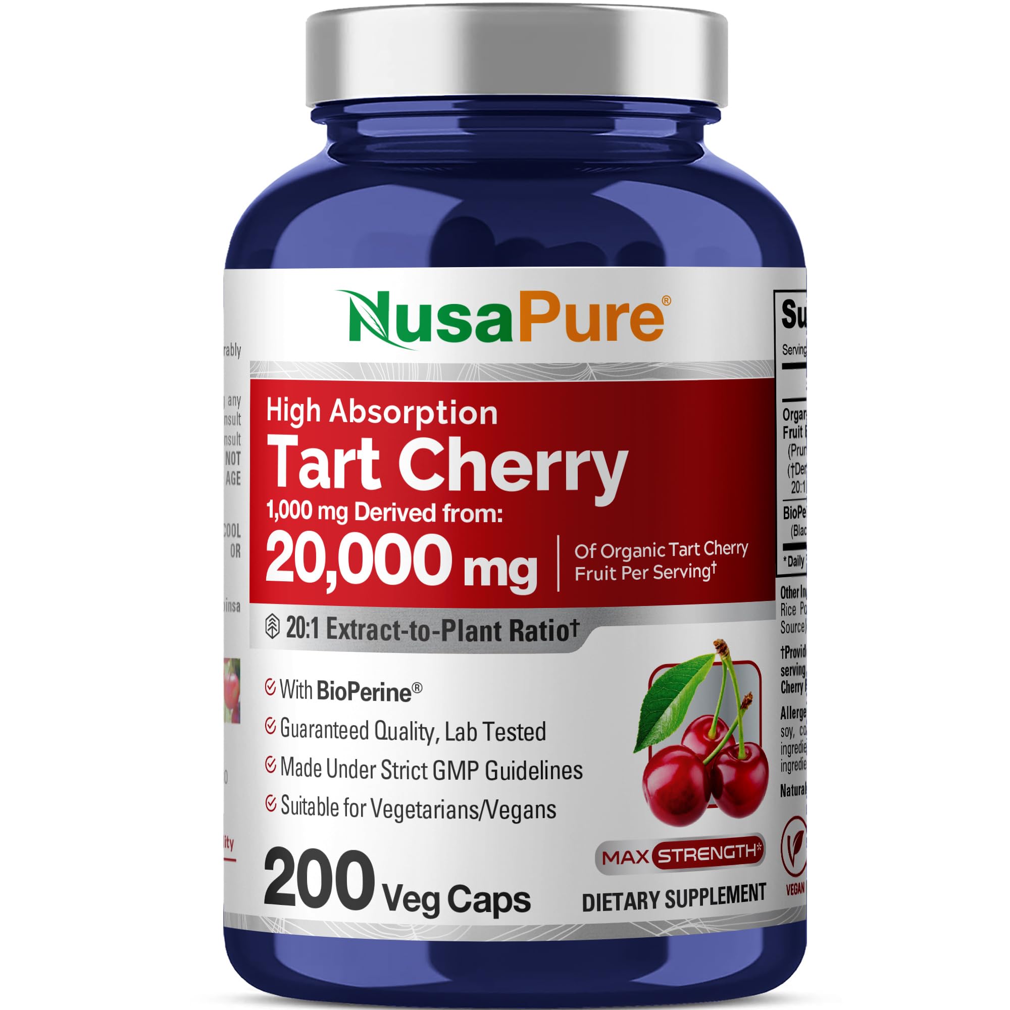 NusaPure Organic Tart Cherry 20:1 Extract, 1000 mg Equivalent to 20,000 mg 200 Veggie Caps (Vegan, Non-GMO) Bioperine NusaPure buy supplements canada