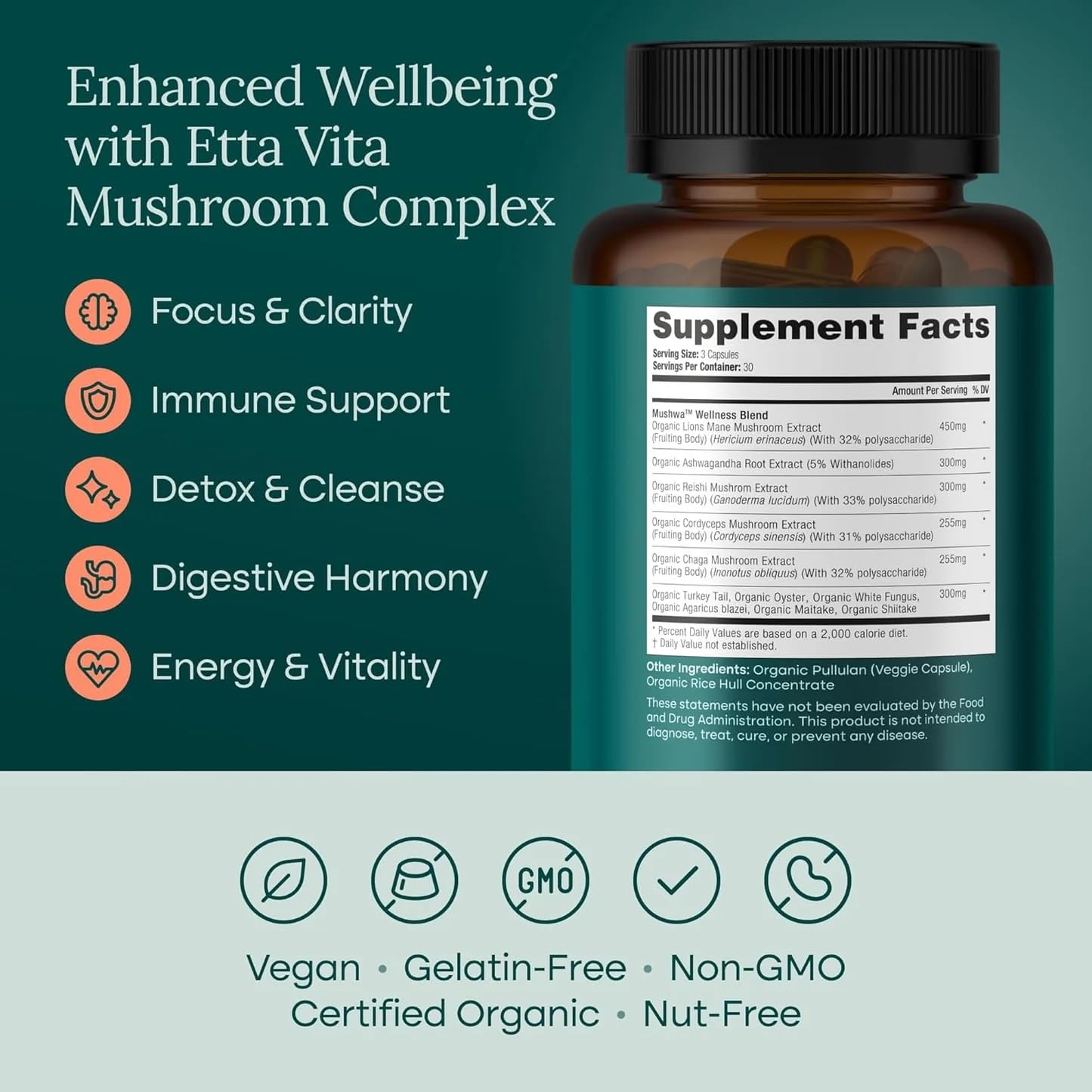 USDA Organic Lions Mane Supplement Capsules with Ashwagandha, Chaga, Reishi, Cordyceps, Turkey Tail (18,600mg/serv) 10x Adaptogenic Mushroom Complex as Focus Supplement - Energy, Immunity & Nootropic Etta Vita buy supplements canada
