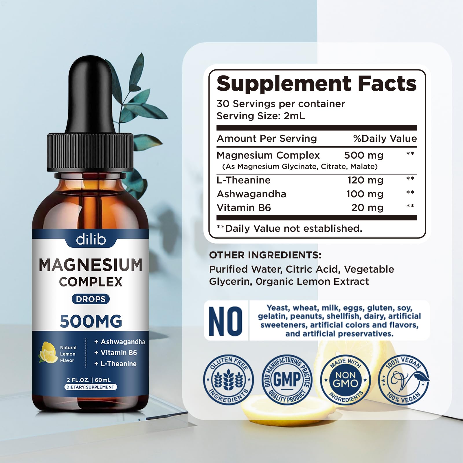Magnesium Glycinate Liquid Drops, Triple Magnesium Complex Supplement with Citrate, Malate 500mg Ashwagandha, L-Theanine, Vitamin B6 for Sleep, Calm, Stress Relief, Bone, Muscle, Mood - Lemon Flavor dilib buy supplements canada