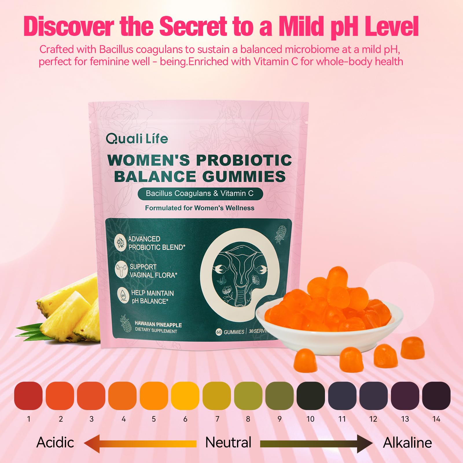 QualiLife Premium Feminine Balance Gummies for Women – Probiotic Vaginal Health Support with Vitamin C – pH Balance & Flora Support – Sugar Free, Vegan, Hawaiian Pineapple Flavor – 60 Gummies (1) QualiLife buy supplements canada