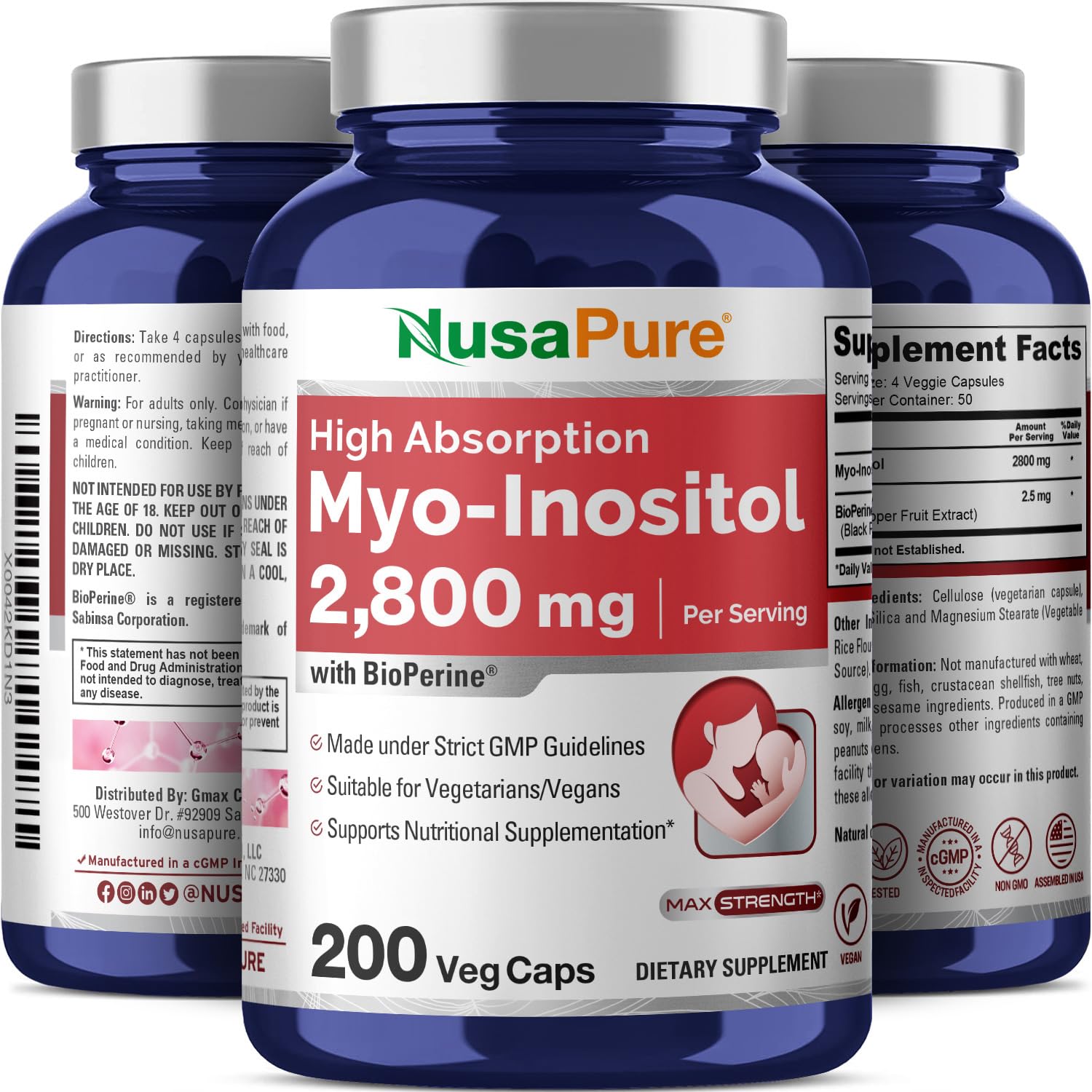 NusaPure Myo-Inositol - Suitable for Vegetarian/Vegan, Non - GMO - 2800mg, 200 Capsules NusaPure buy supplements canada